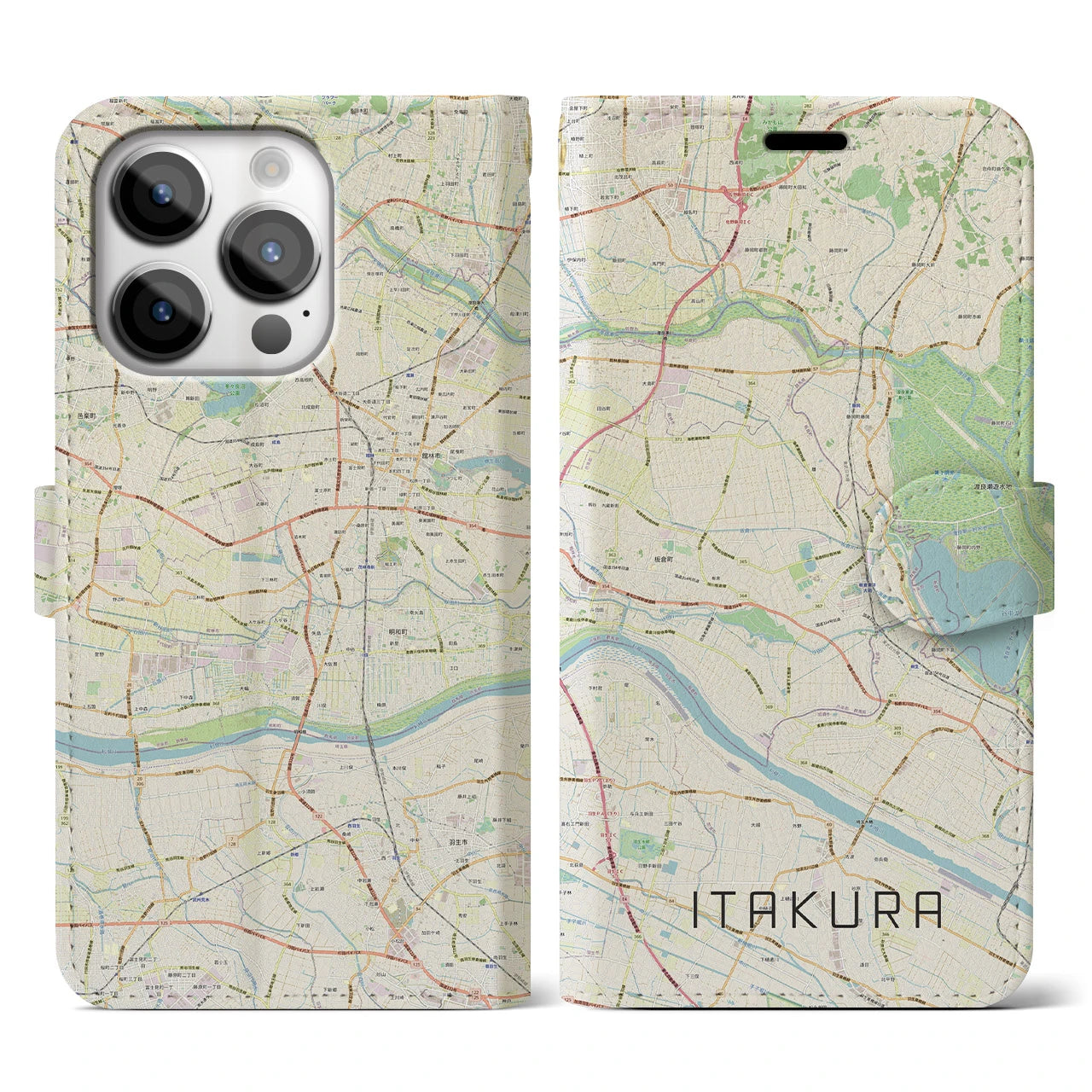 【板倉】地図柄iPhoneケース（手帳両面タイプ・ナチュラル）iPhone 14 Pro 用