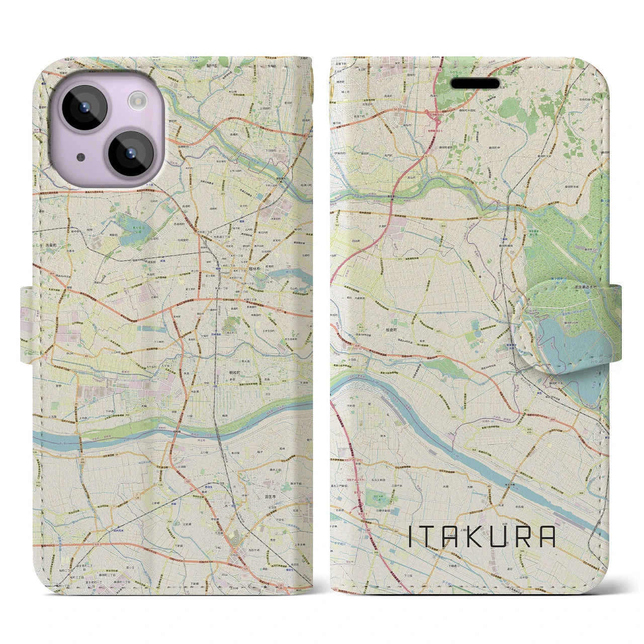 【板倉】地図柄iPhoneケース（手帳両面タイプ・ナチュラル）iPhone 14 用