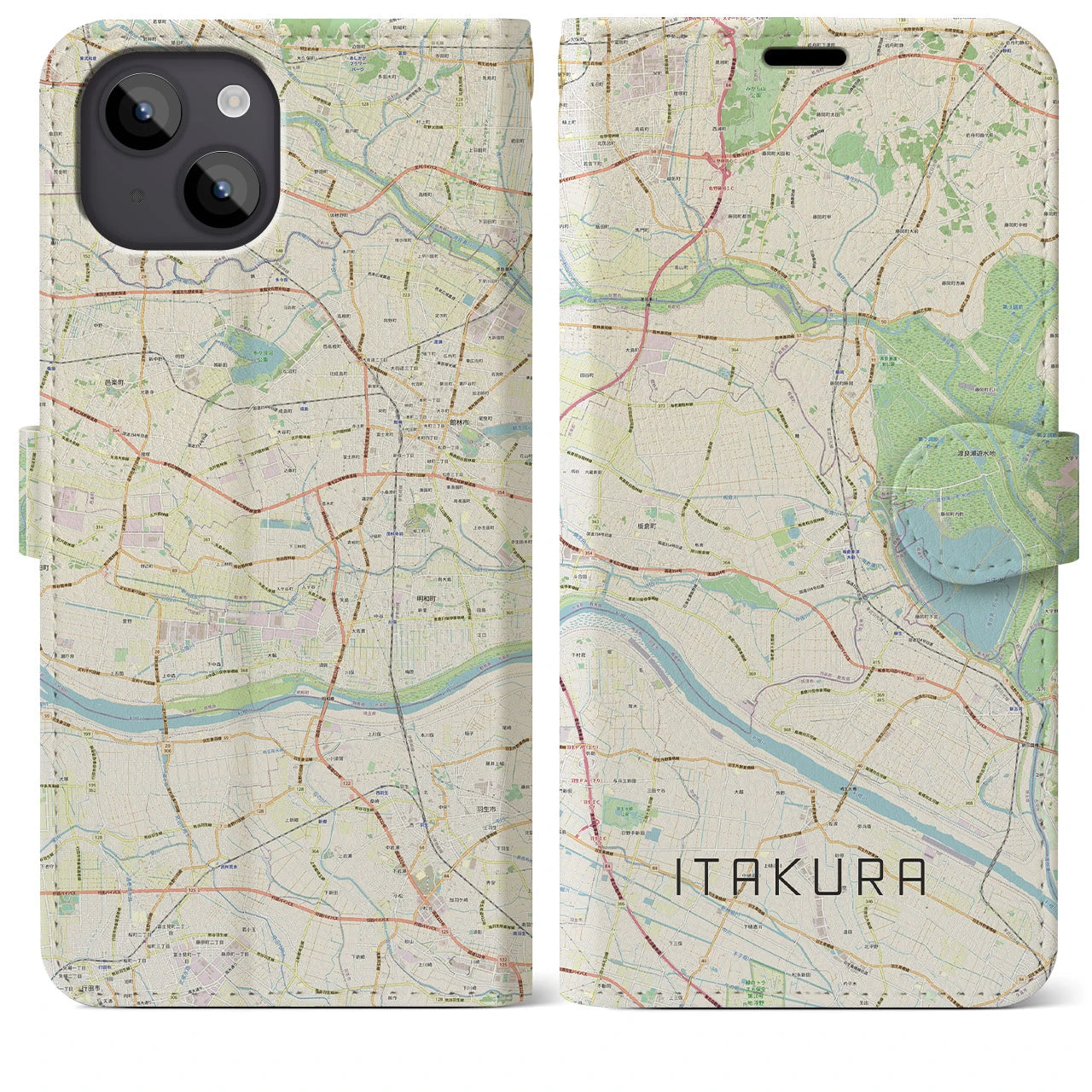 【板倉】地図柄iPhoneケース（手帳両面タイプ・ナチュラル）iPhone 14 Plus 用