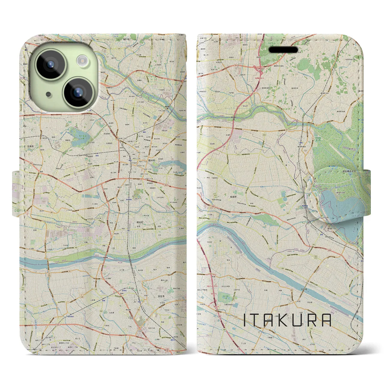 【板倉】地図柄iPhoneケース（手帳両面タイプ・ナチュラル）iPhone 15 用