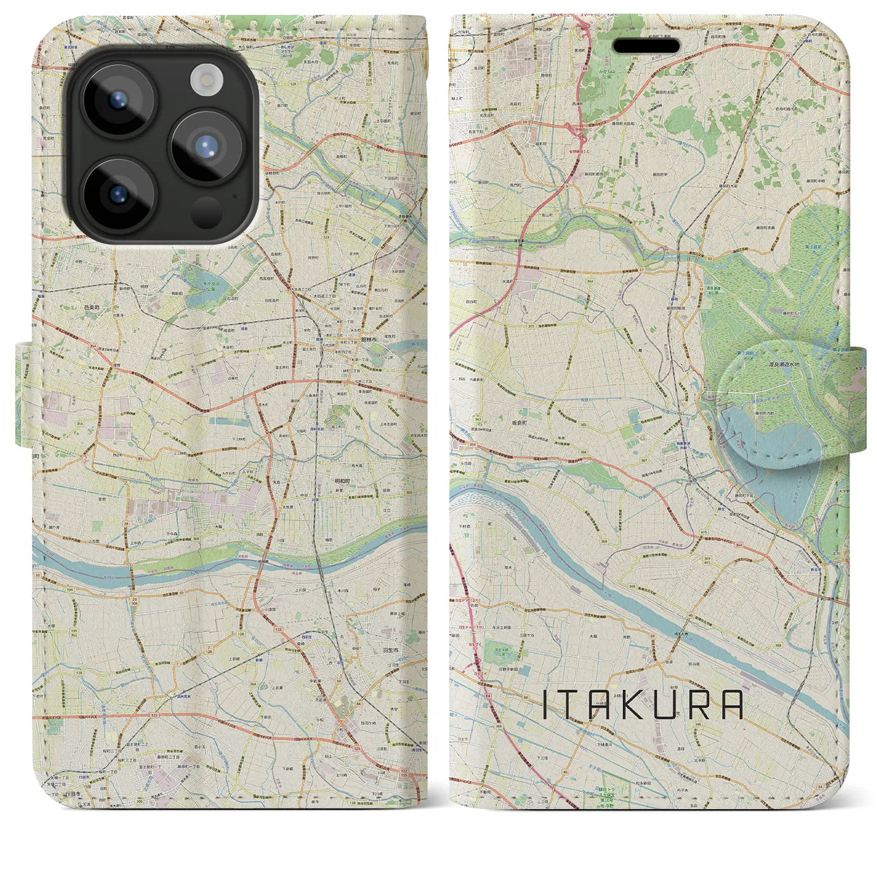 【板倉】地図柄iPhoneケース（手帳両面タイプ・ナチュラル）iPhone 15 Pro Max 用