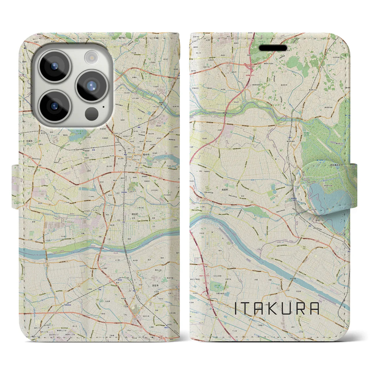 【板倉】地図柄iPhoneケース（手帳両面タイプ・ナチュラル）iPhone 15 Pro 用