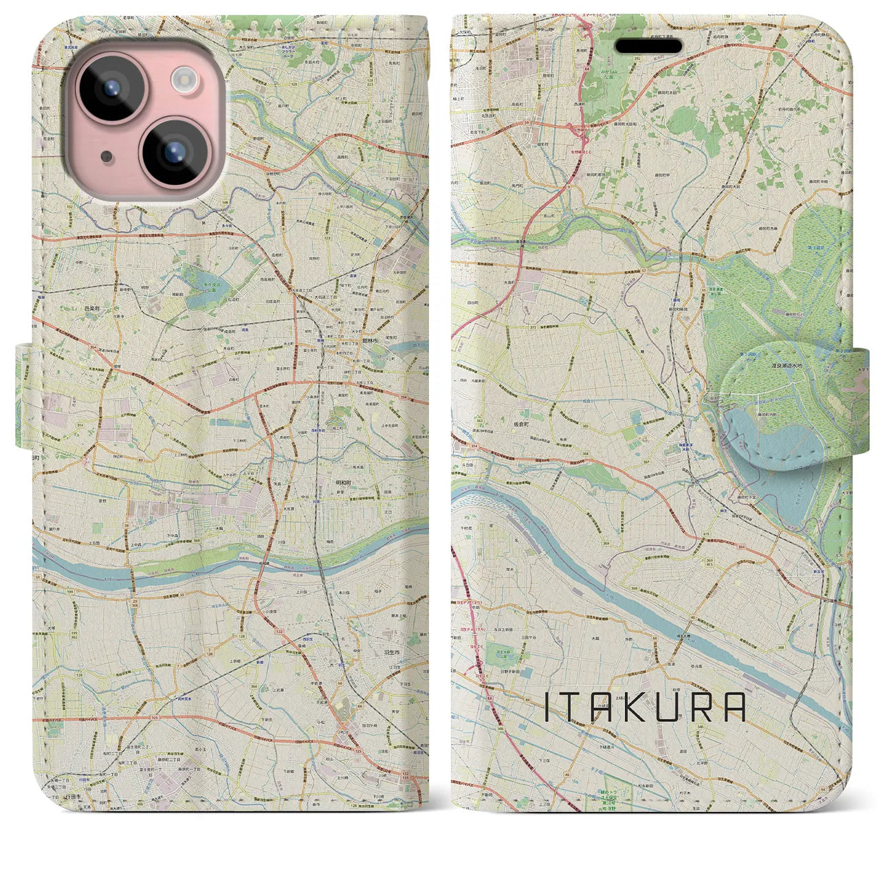 【板倉】地図柄iPhoneケース（手帳両面タイプ・ナチュラル）iPhone 15 Plus 用