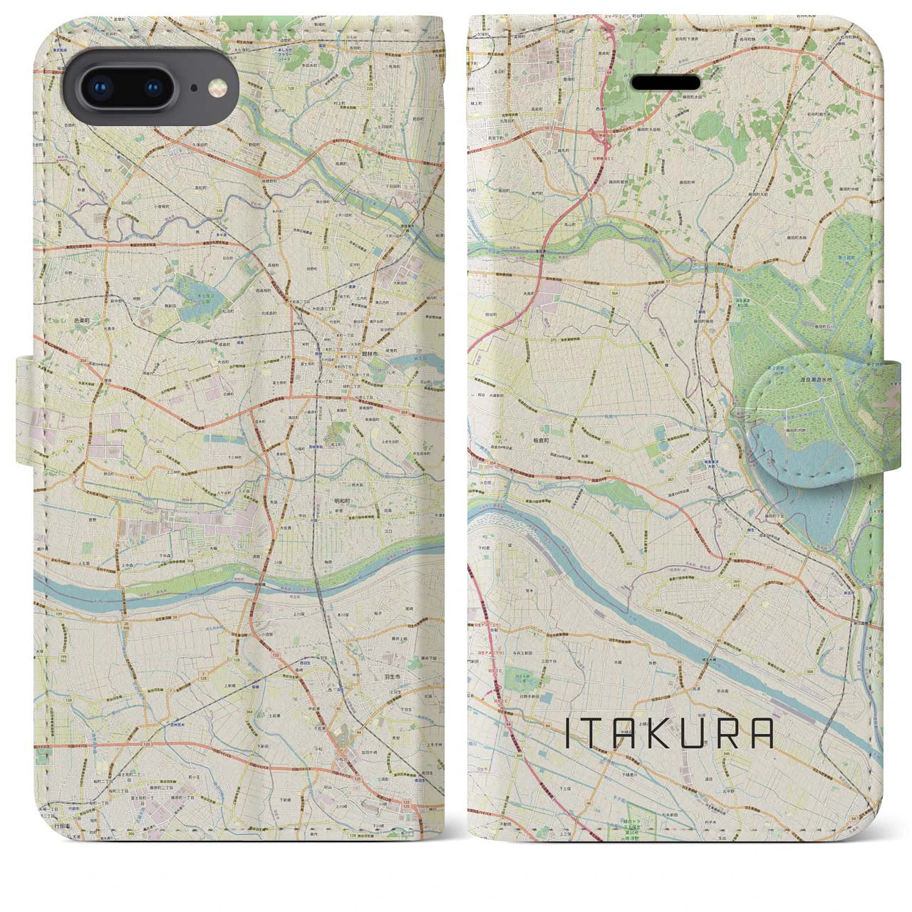 【板倉】地図柄iPhoneケース（手帳両面タイプ・ナチュラル）iPhone 8Plus /7Plus / 6sPlus / 6Plus 用