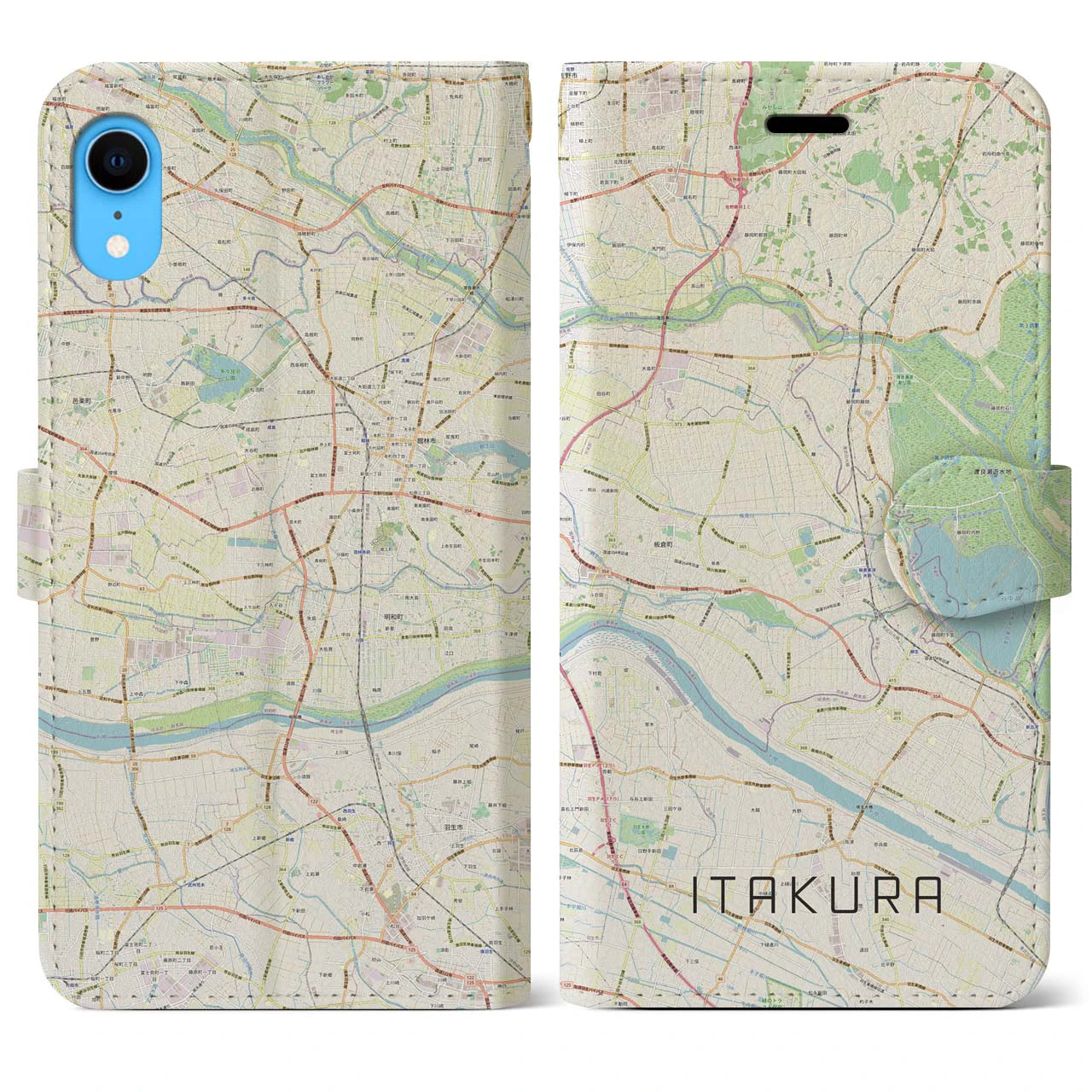 【板倉】地図柄iPhoneケース（手帳両面タイプ・ナチュラル）iPhone XR 用