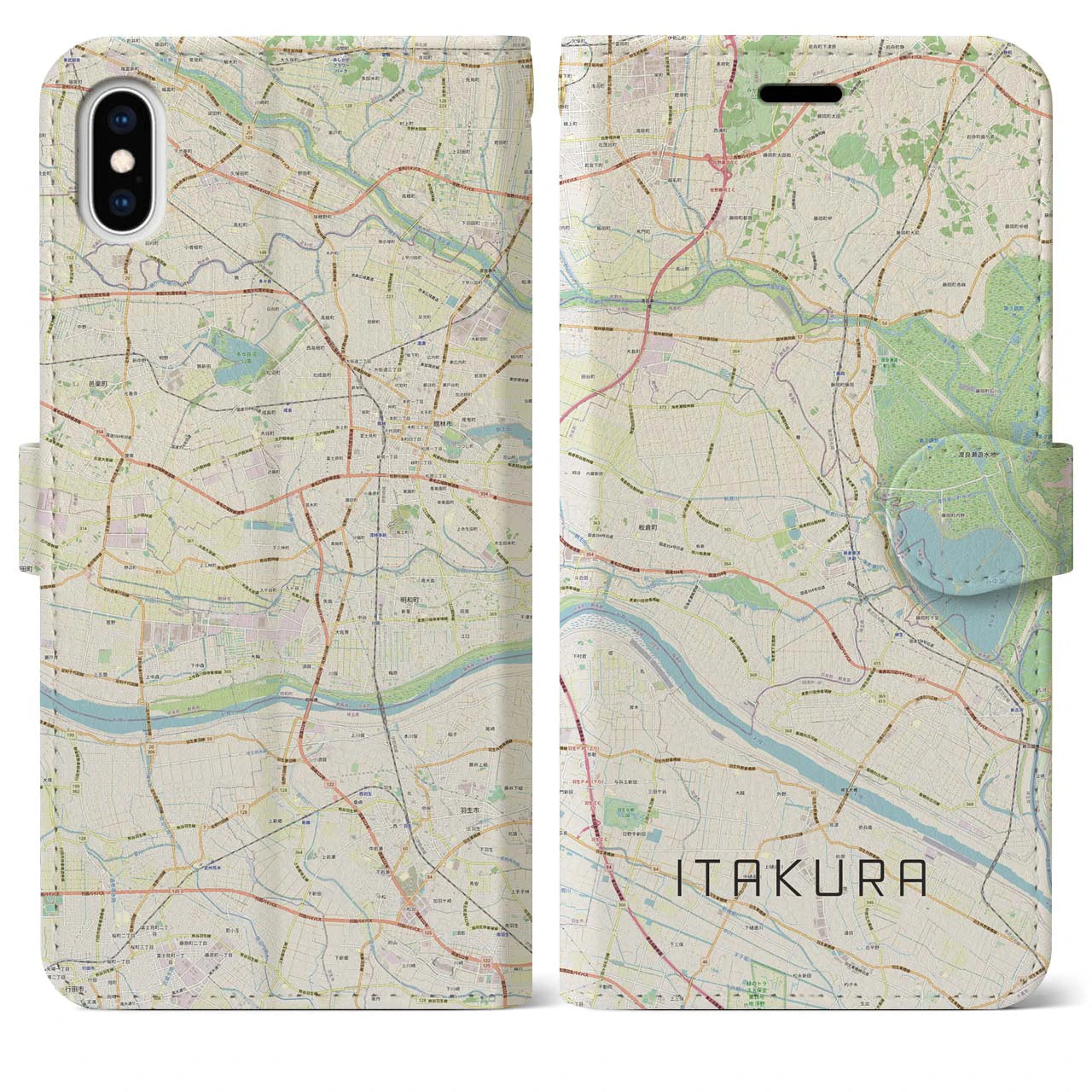 【板倉】地図柄iPhoneケース（手帳両面タイプ・ナチュラル）iPhone XS Max 用
