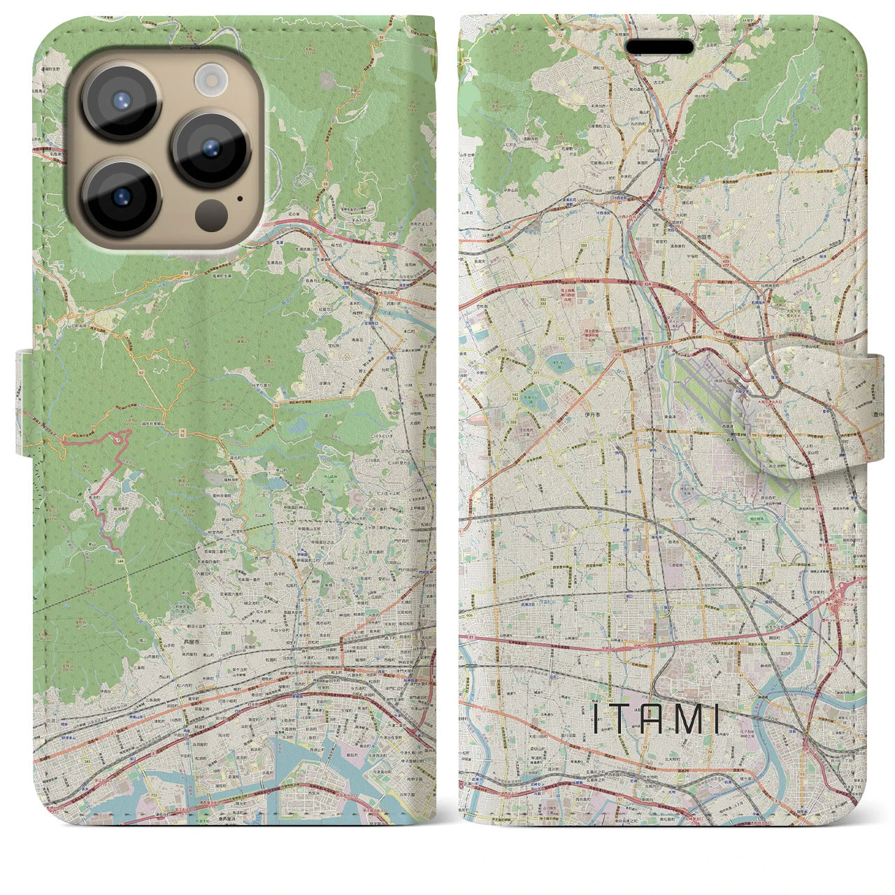 【伊丹】地図柄iPhoneケース（手帳両面タイプ・ナチュラル）iPhone 14 Pro Max 用