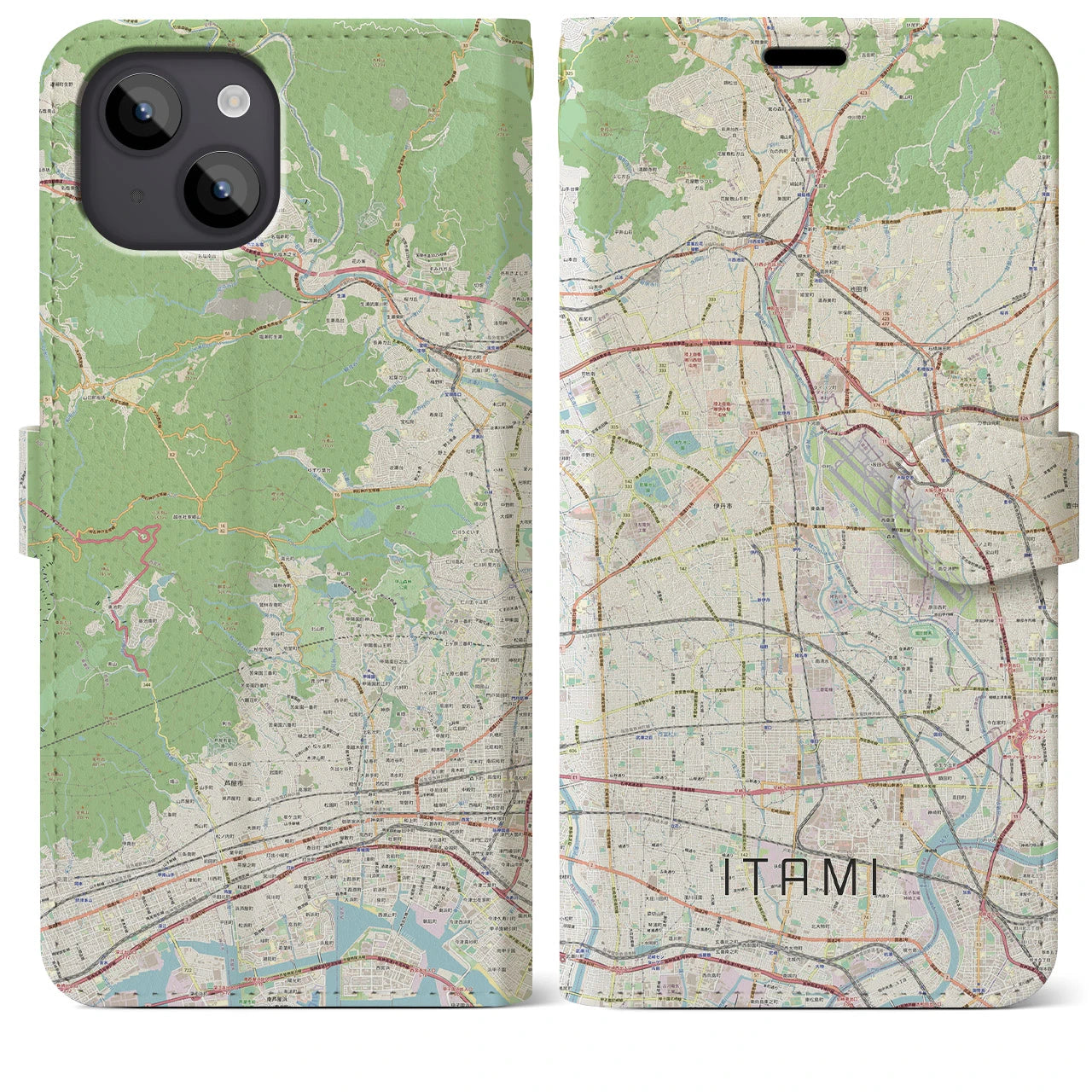 【伊丹】地図柄iPhoneケース（手帳両面タイプ・ナチュラル）iPhone 14 Plus 用