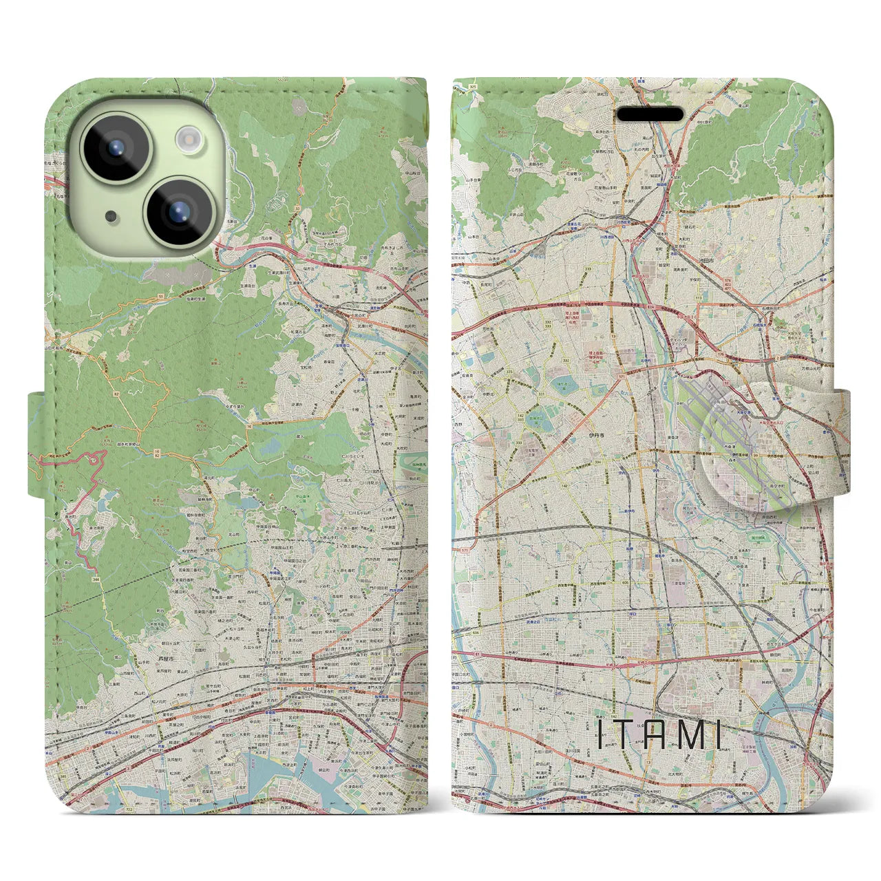 【伊丹】地図柄iPhoneケース（手帳両面タイプ・ナチュラル）iPhone 15 用
