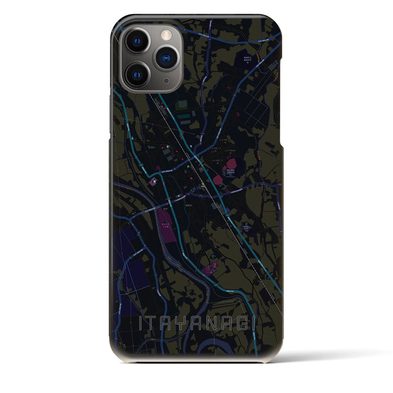 【板柳】地図柄iPhoneケース（バックカバータイプ・ブラック）iPhone 11 Pro Max 用