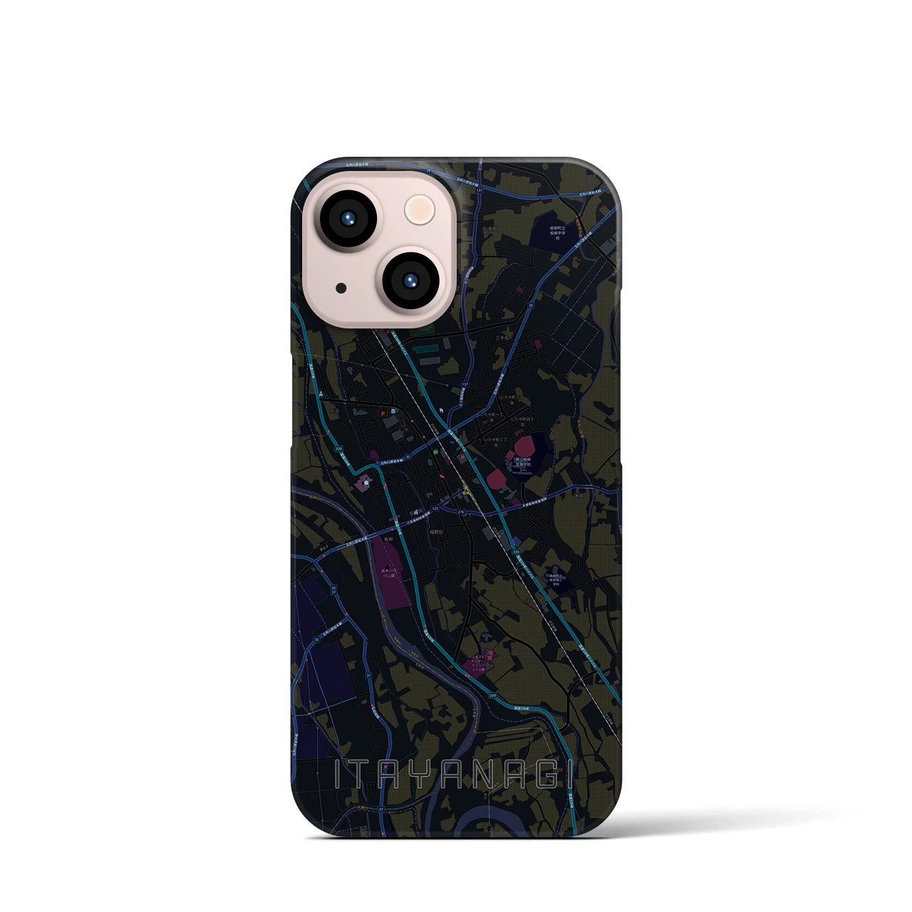 【板柳】地図柄iPhoneケース（バックカバータイプ・ブラック）iPhone 13 mini 用