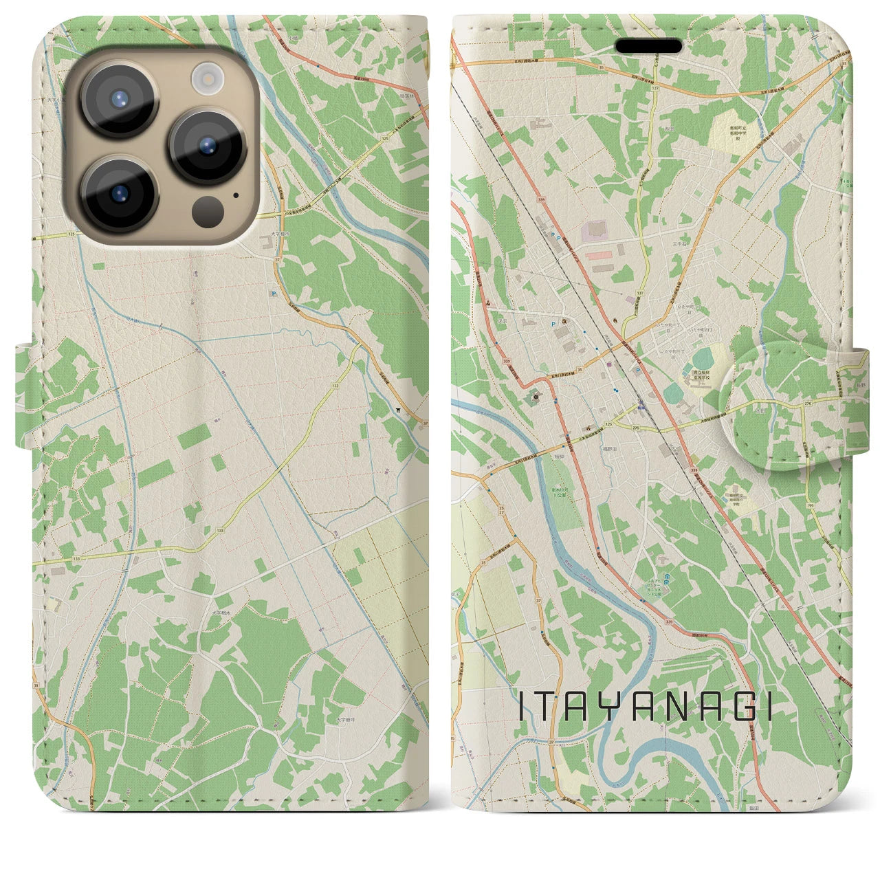 【板柳】地図柄iPhoneケース（手帳両面タイプ・ナチュラル）iPhone 14 Pro Max 用