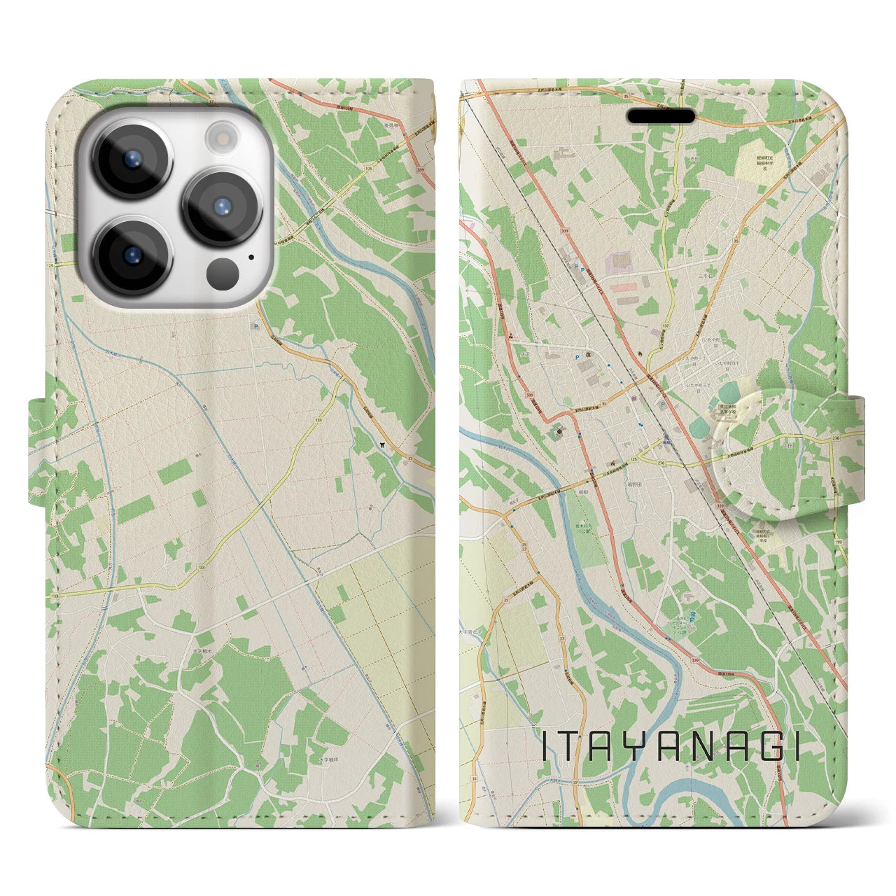 【板柳】地図柄iPhoneケース（手帳両面タイプ・ナチュラル）iPhone 14 Pro 用
