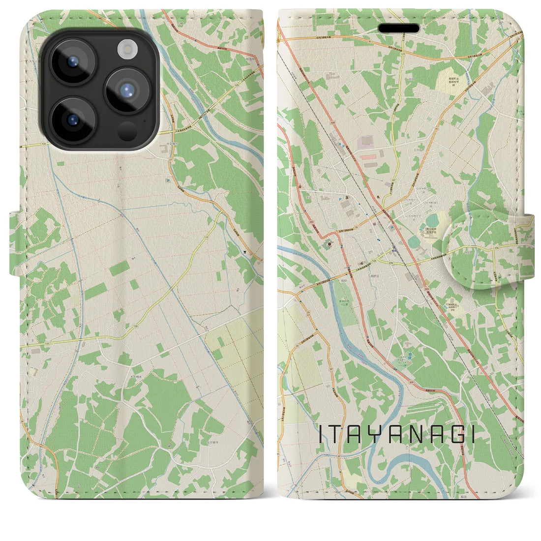【板柳】地図柄iPhoneケース（手帳両面タイプ・ナチュラル）iPhone 15 Pro Max 用