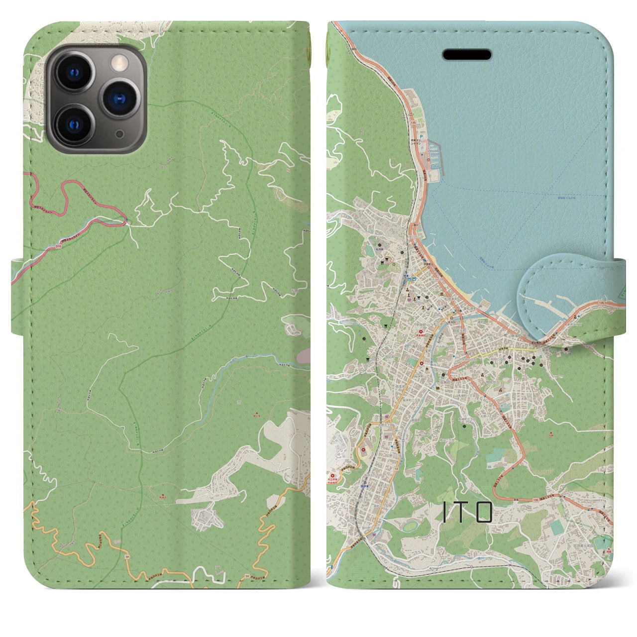 【伊東】地図柄iPhoneケース（手帳両面タイプ・ナチュラル）iPhone 11 Pro Max 用