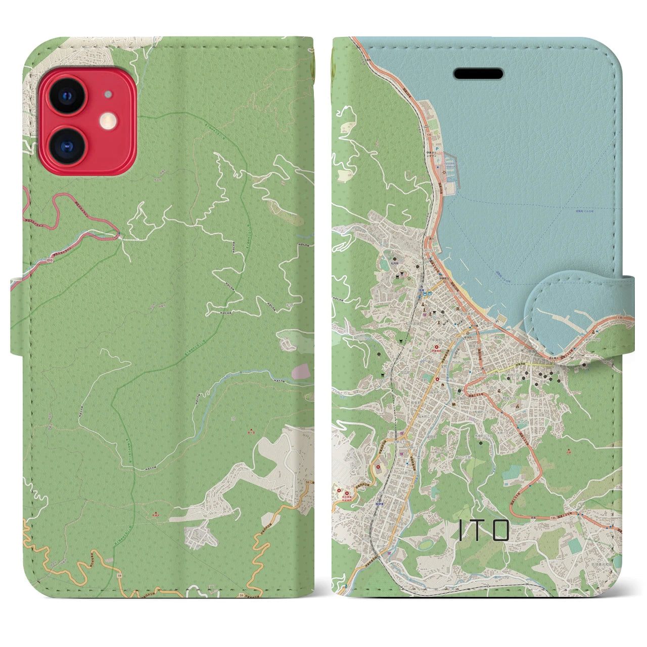 【伊東】地図柄iPhoneケース（手帳両面タイプ・ナチュラル）iPhone 11 用