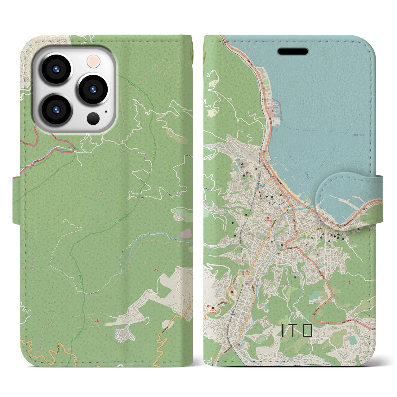 【伊東】地図柄iPhoneケース（手帳両面タイプ・ナチュラル）iPhone 13 Pro 用