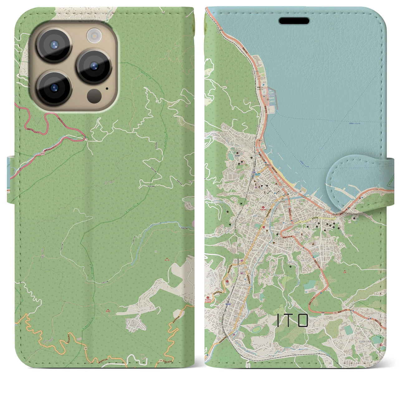 【伊東】地図柄iPhoneケース（手帳両面タイプ・ナチュラル）iPhone 14 Pro Max 用