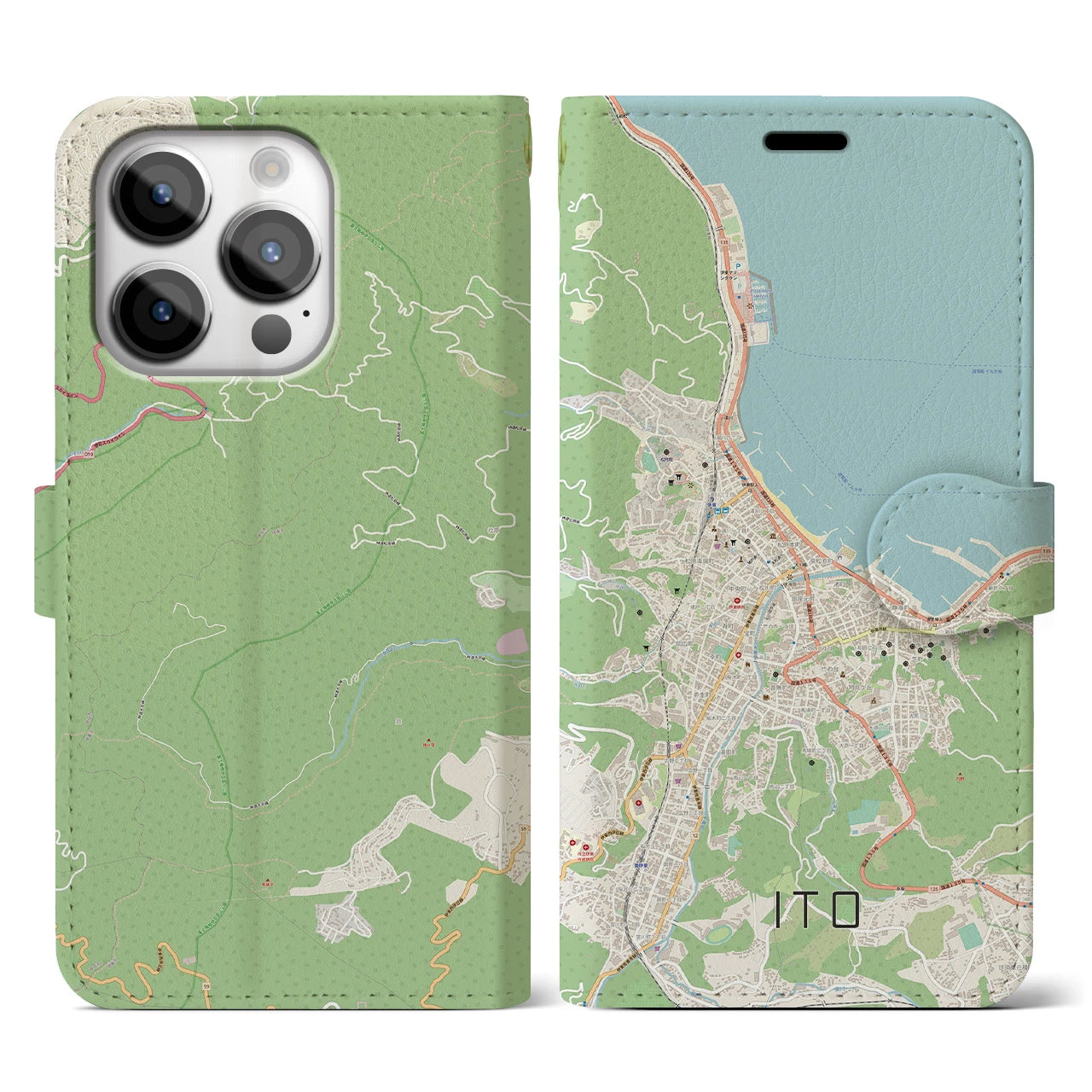 【伊東】地図柄iPhoneケース（手帳両面タイプ・ナチュラル）iPhone 14 Pro 用