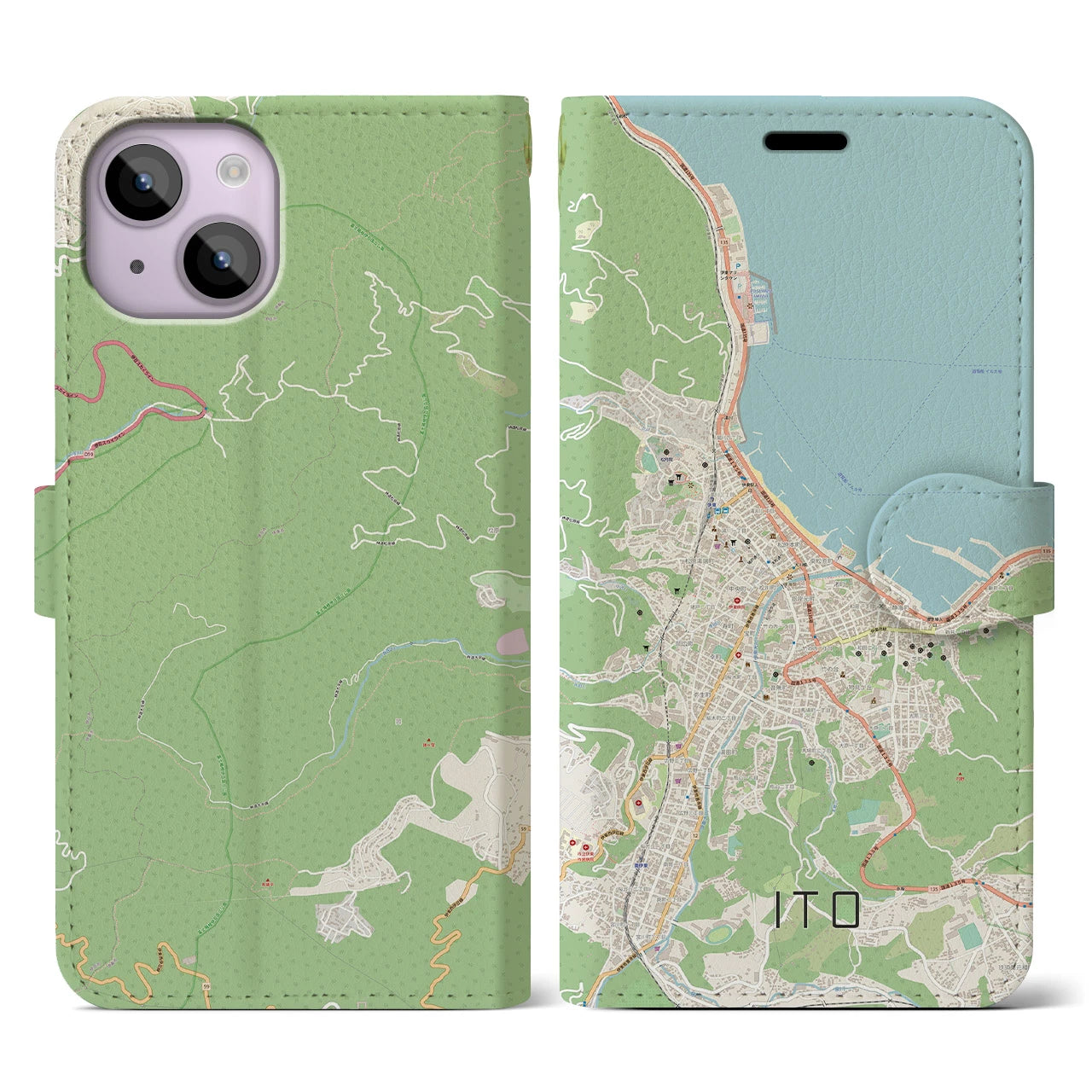【伊東】地図柄iPhoneケース（手帳両面タイプ・ナチュラル）iPhone 14 用