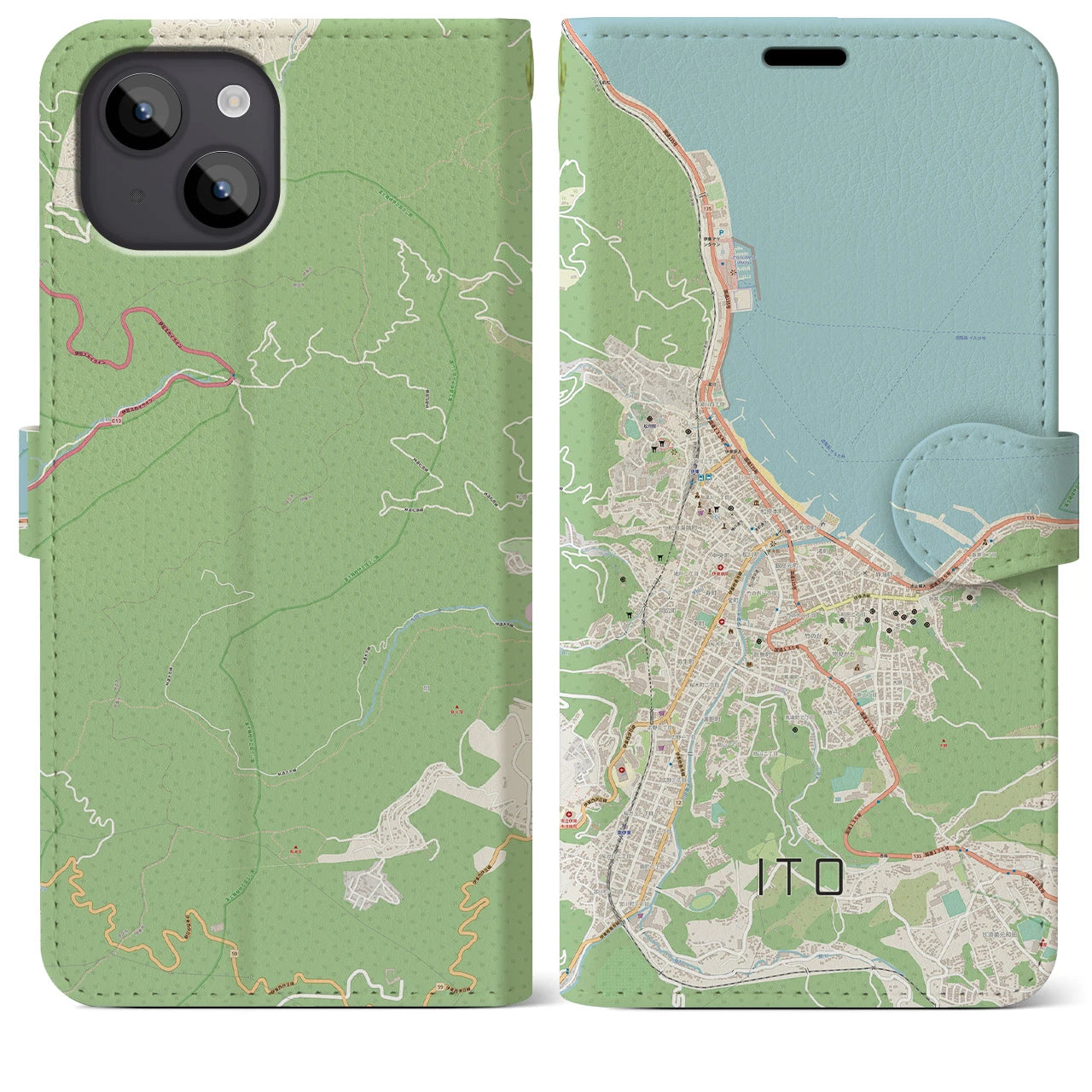 【伊東】地図柄iPhoneケース（手帳両面タイプ・ナチュラル）iPhone 14 Plus 用