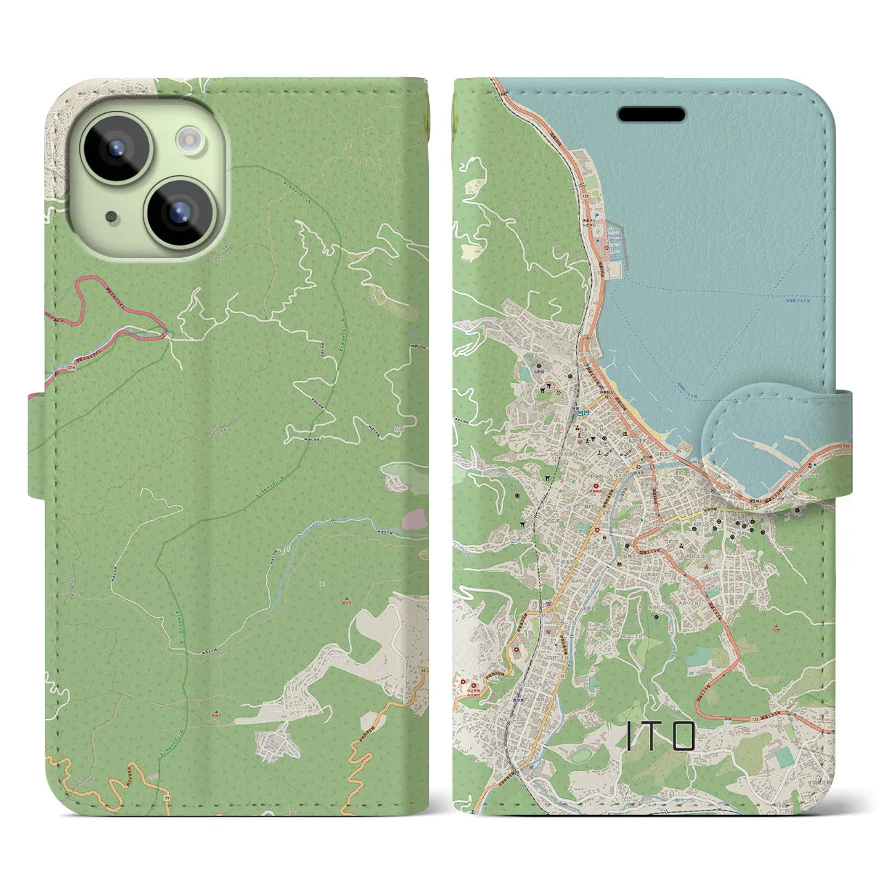 【伊東】地図柄iPhoneケース（手帳両面タイプ・ナチュラル）iPhone 15 用