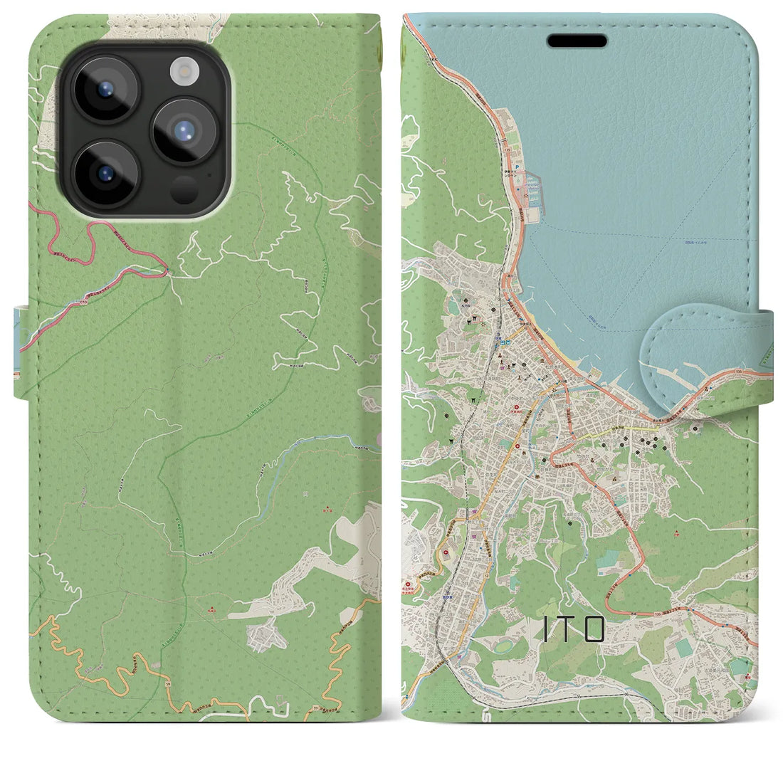 【伊東】地図柄iPhoneケース（手帳両面タイプ・ナチュラル）iPhone 15 Pro Max 用