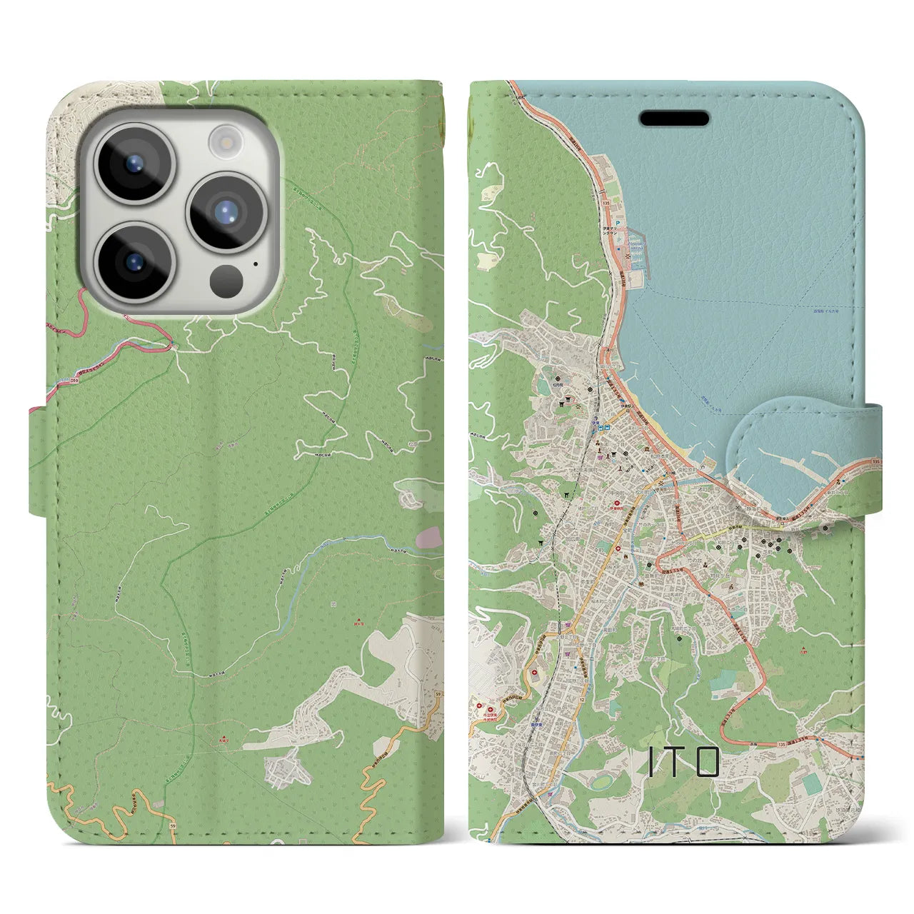 【伊東】地図柄iPhoneケース（手帳両面タイプ・ナチュラル）iPhone 15 Pro 用