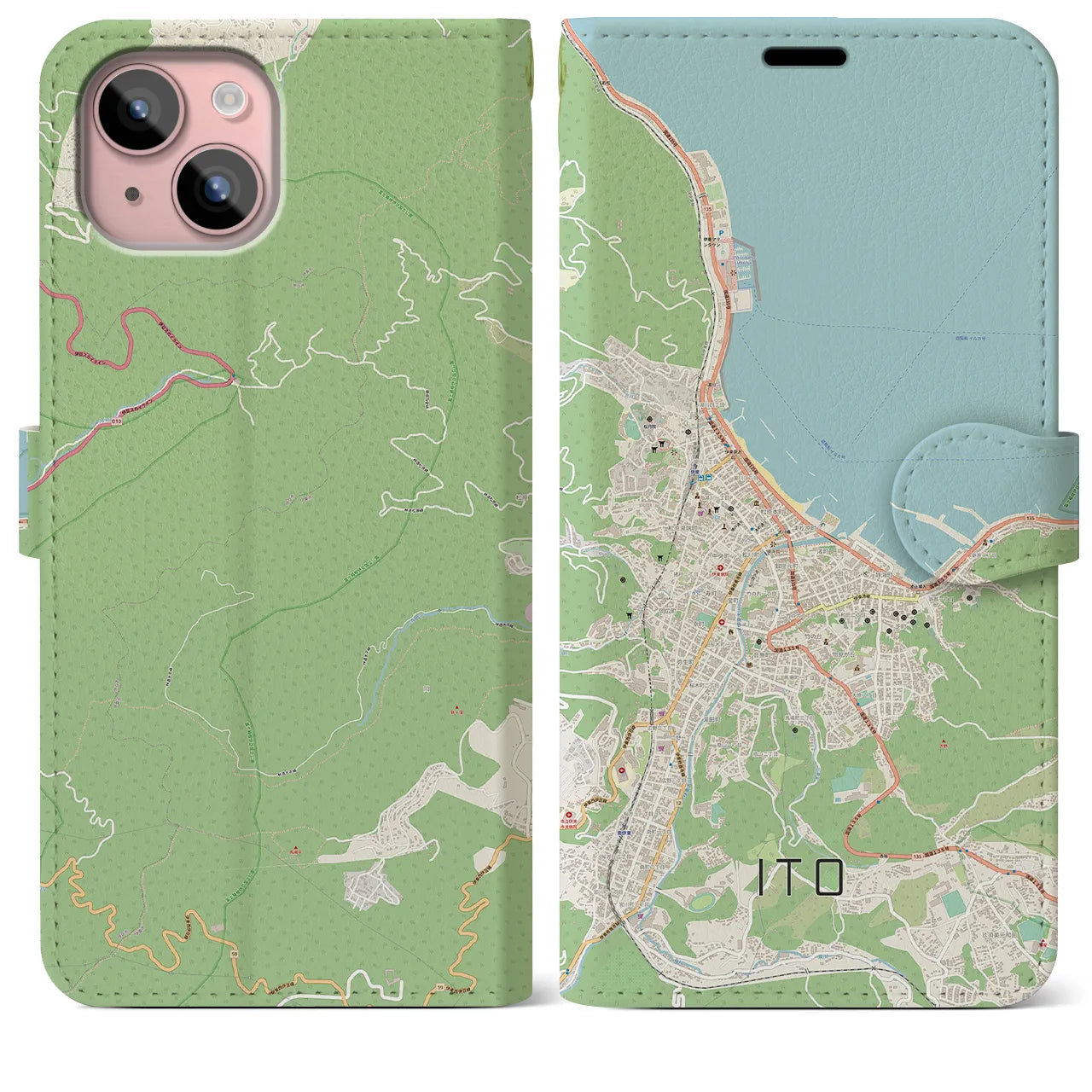 【伊東】地図柄iPhoneケース（手帳両面タイプ・ナチュラル）iPhone 15 Plus 用