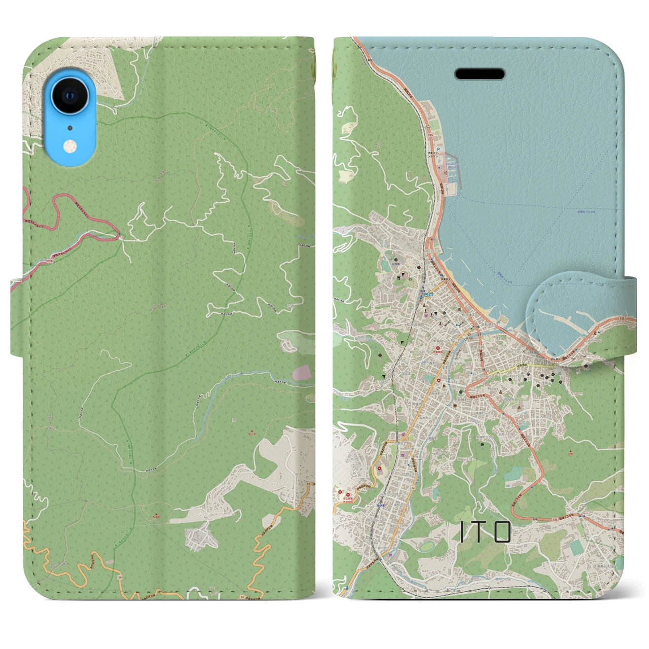 【伊東】地図柄iPhoneケース（手帳両面タイプ・ナチュラル）iPhone XR 用