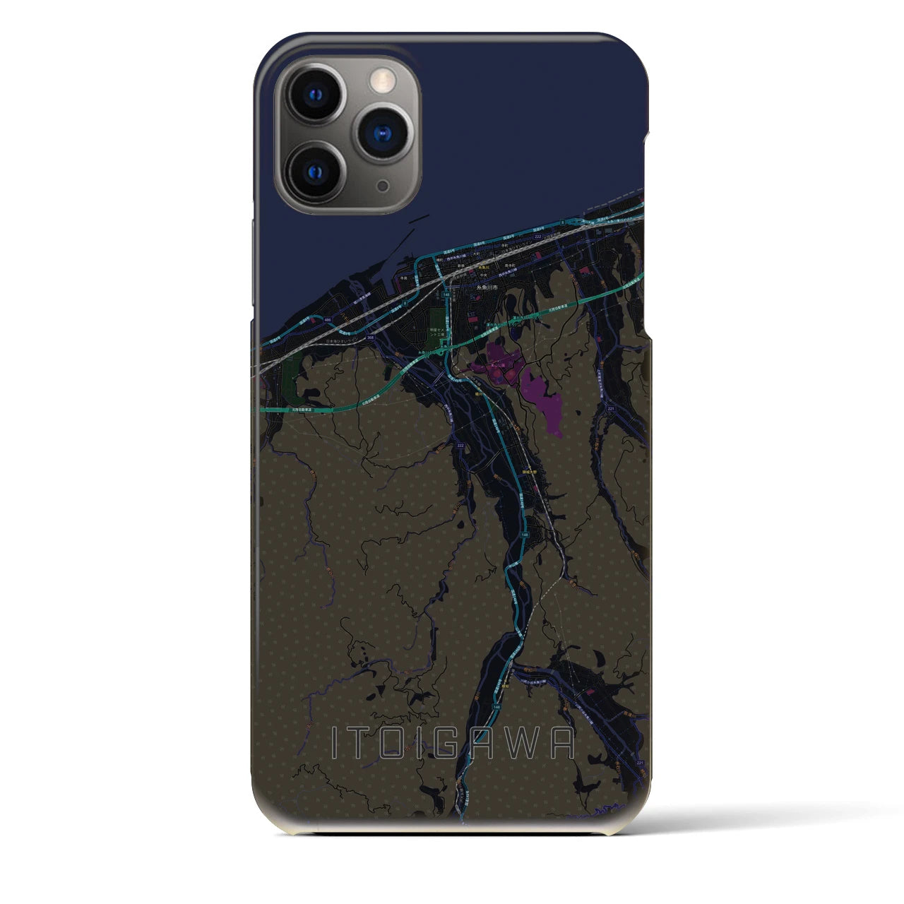 【糸魚川】地図柄iPhoneケース（バックカバータイプ・ブラック）iPhone 11 Pro Max 用