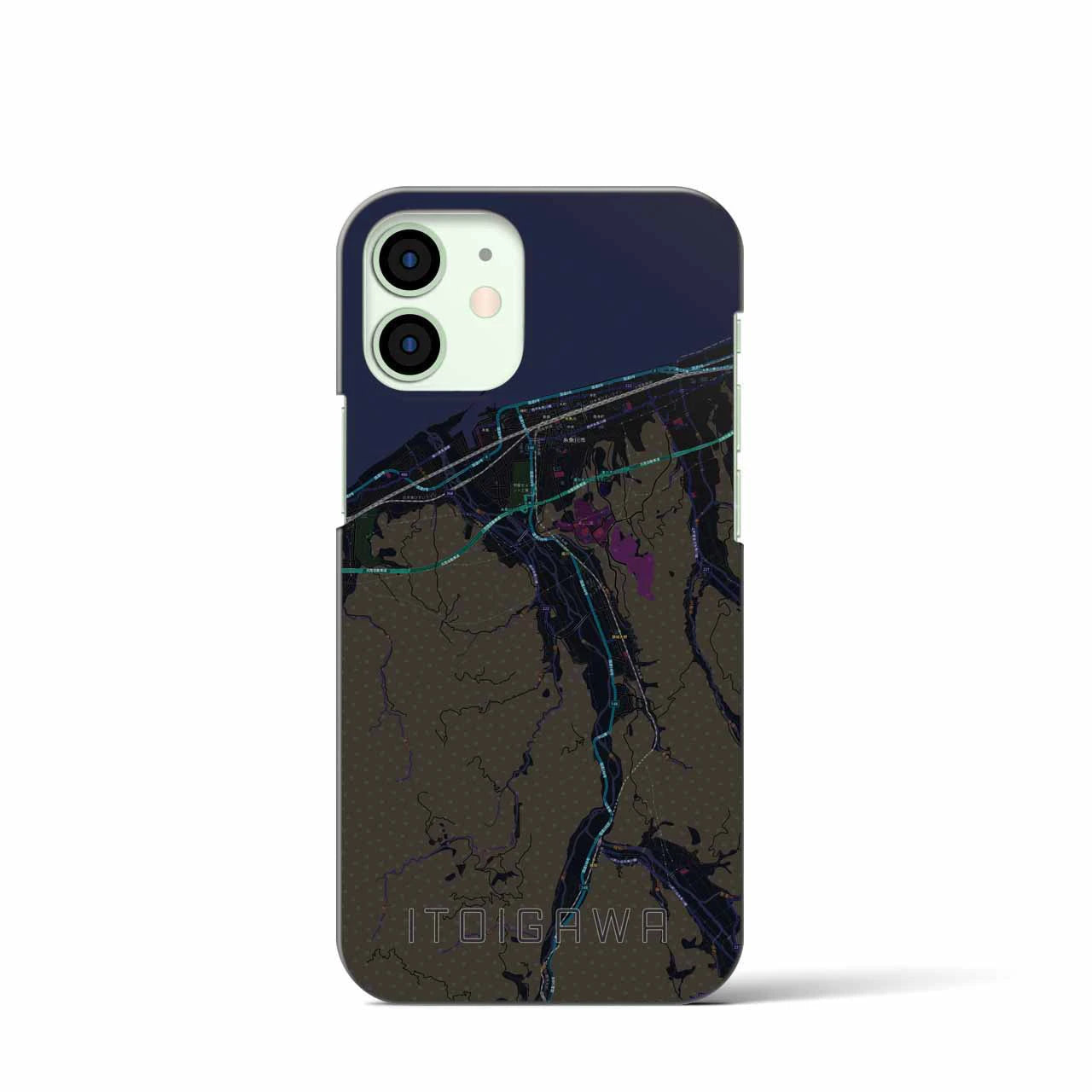 【糸魚川】地図柄iPhoneケース（バックカバータイプ・ブラック）iPhone 12 mini 用
