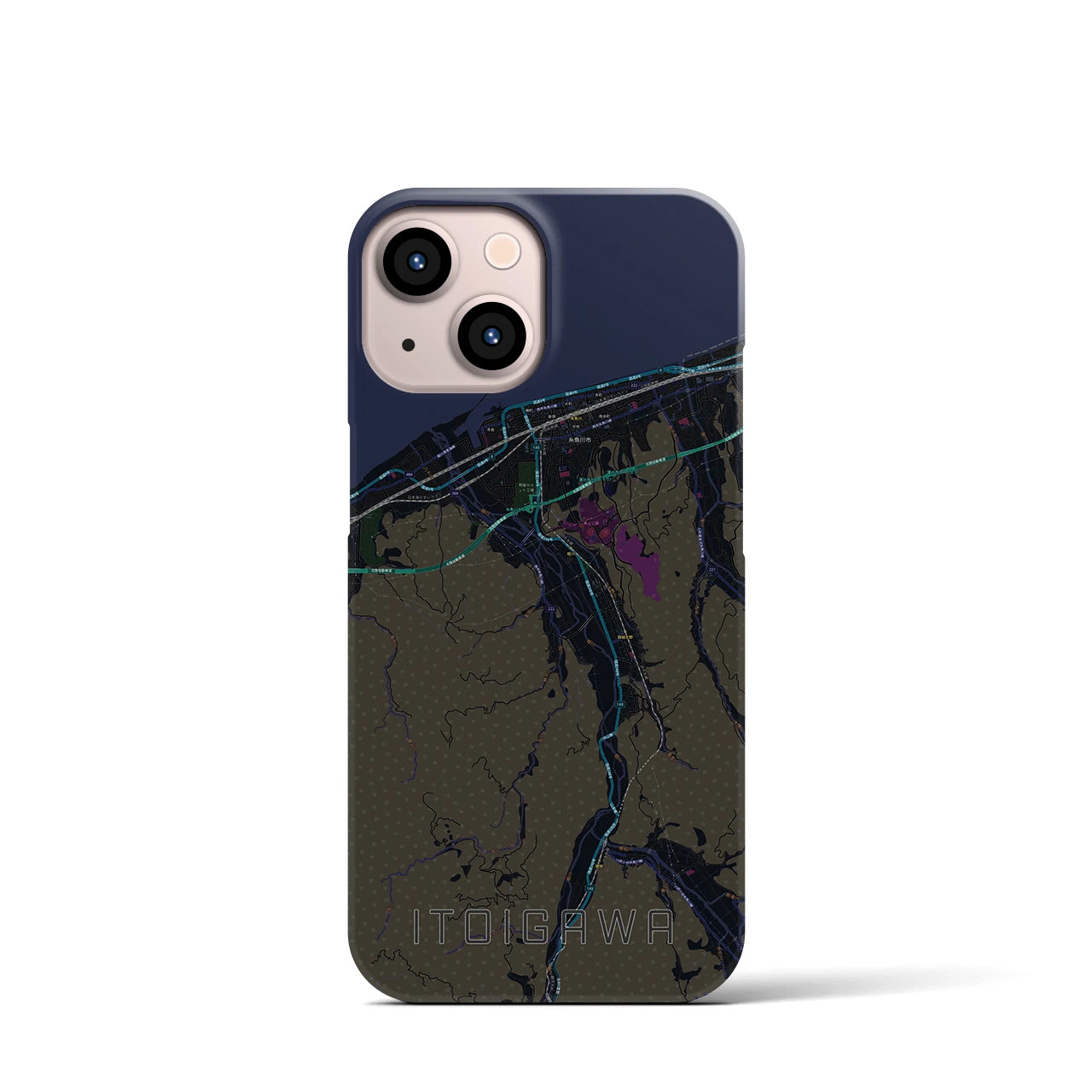 【糸魚川】地図柄iPhoneケース（バックカバータイプ・ブラック）iPhone 13 mini 用