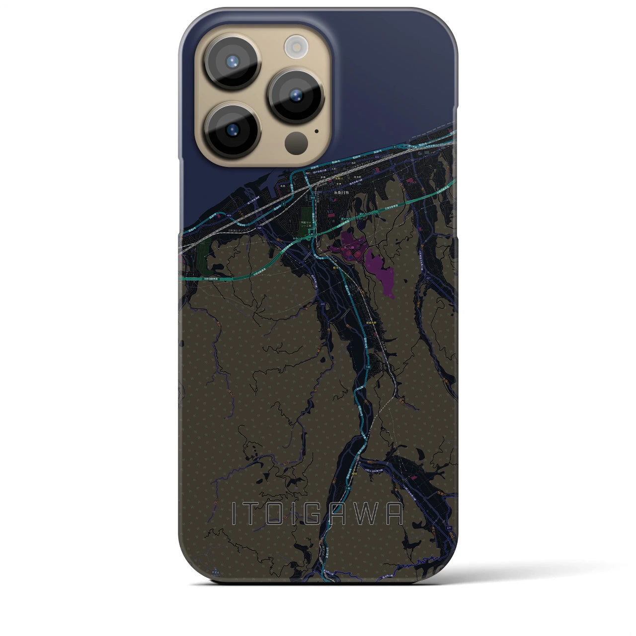 【糸魚川】地図柄iPhoneケース（バックカバータイプ・ブラック）iPhone 14 Pro Max 用