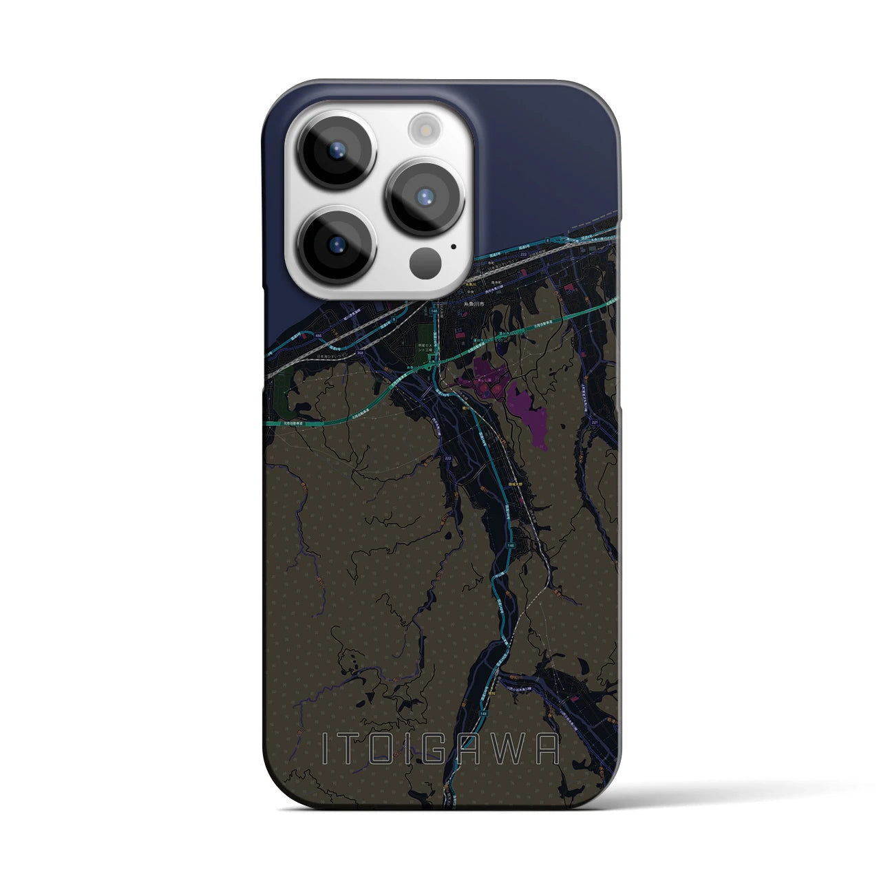 【糸魚川】地図柄iPhoneケース（バックカバータイプ・ブラック）iPhone 14 Pro 用