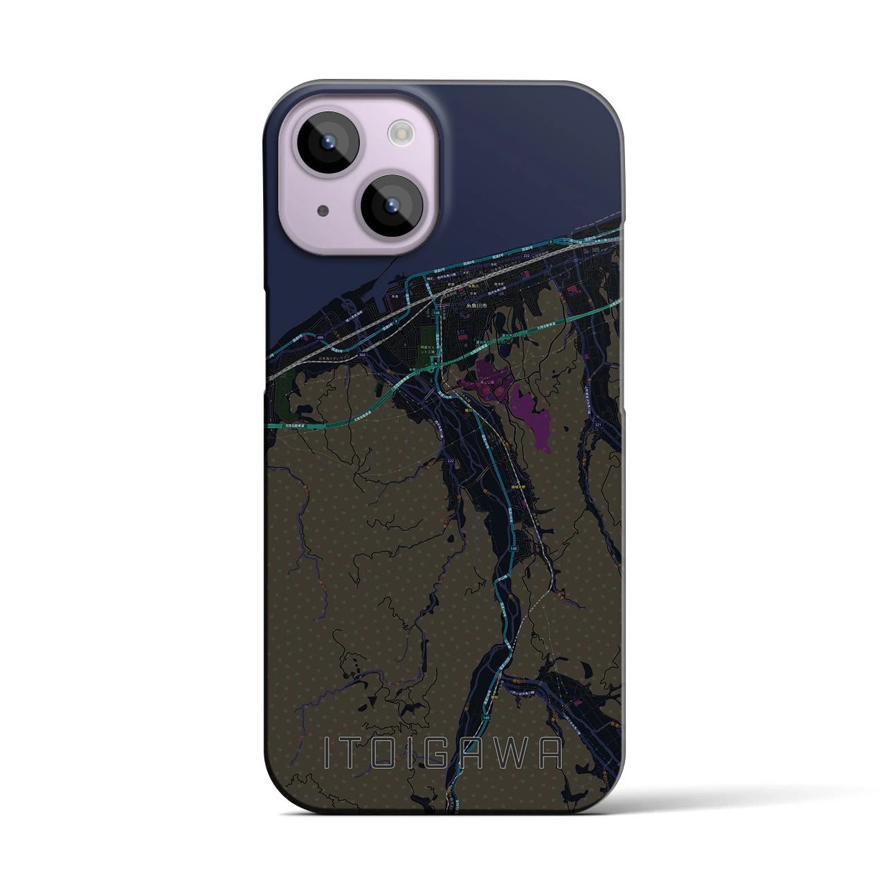 【糸魚川】地図柄iPhoneケース（バックカバータイプ・ブラック）iPhone 14 用