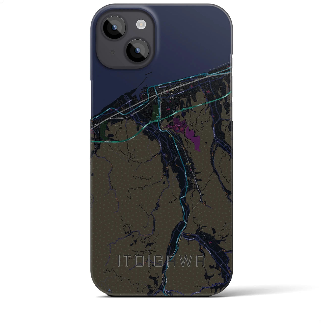 【糸魚川】地図柄iPhoneケース（バックカバータイプ・ブラック）iPhone 14 Plus 用