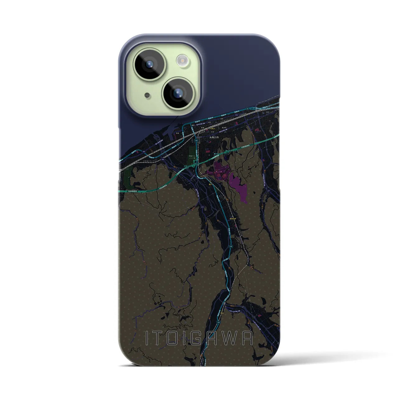 【糸魚川】地図柄iPhoneケース（バックカバータイプ・ブラック）iPhone 15 用