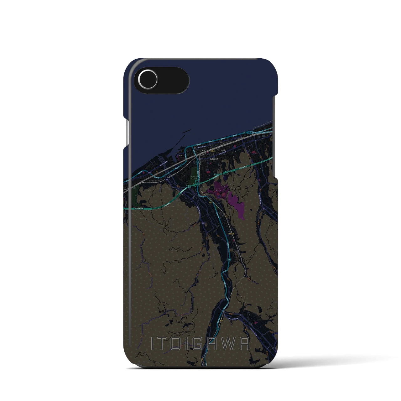 【糸魚川】地図柄iPhoneケース（バックカバータイプ・ブラック）iPhone SE（第3 / 第2世代） / 8 / 7 / 6s / 6 用