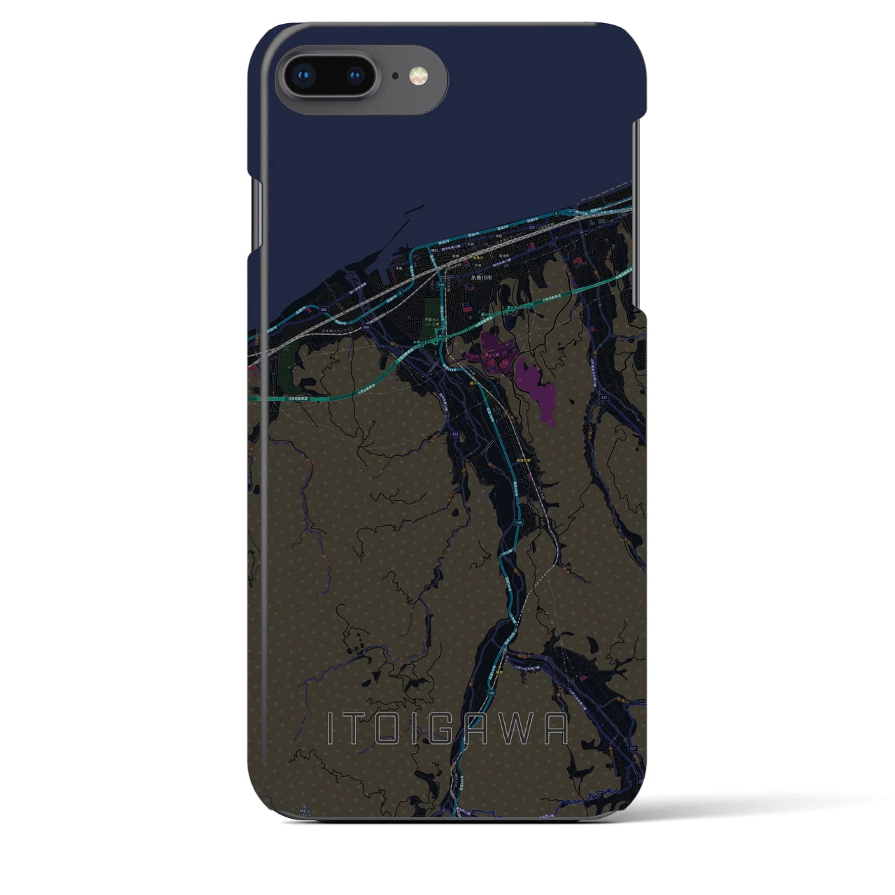 【糸魚川】地図柄iPhoneケース（バックカバータイプ・ブラック）iPhone 8Plus /7Plus / 6sPlus / 6Plus 用