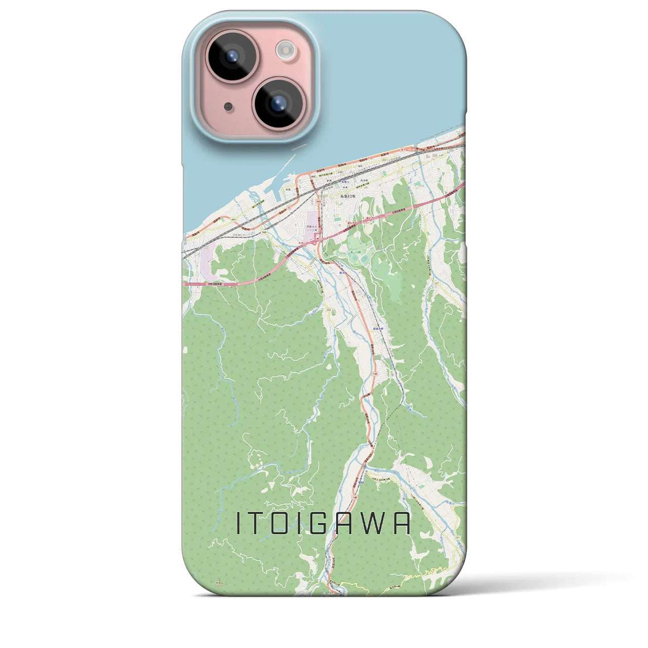 【糸魚川】地図柄iPhoneケース（バックカバータイプ・ナチュラル）iPhone 15 Plus 用