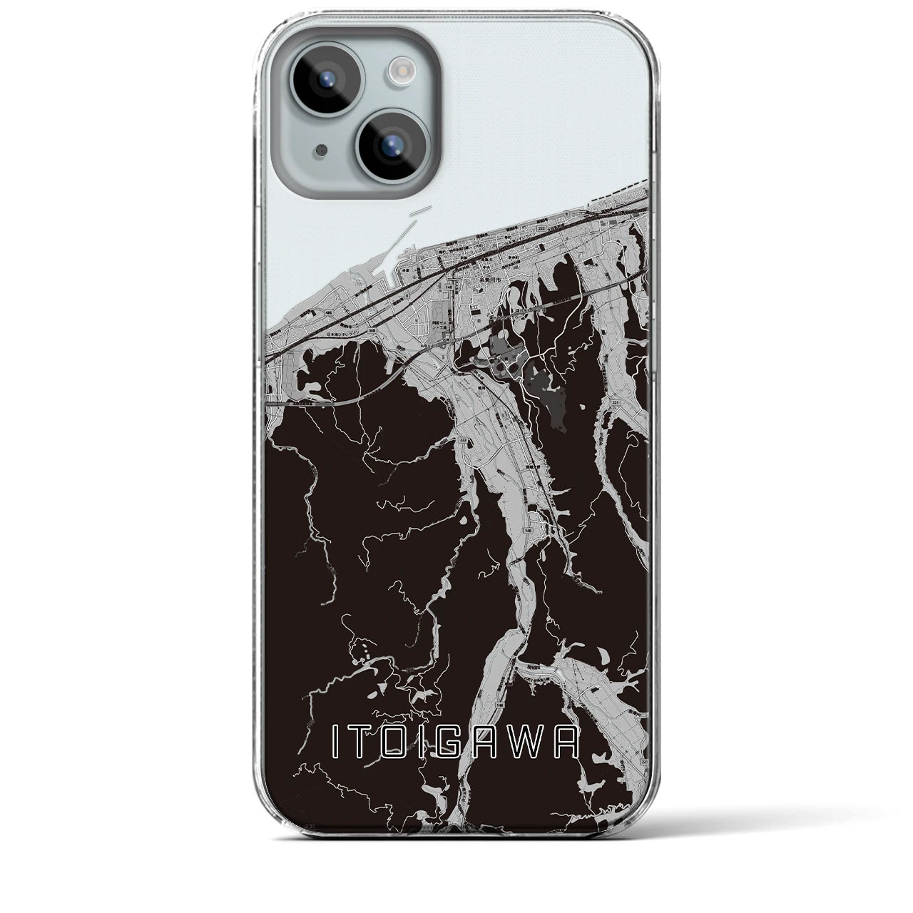 【糸魚川】地図柄iPhoneケース（クリアタイプ・モノトーン）iPhone 15 Plus 用