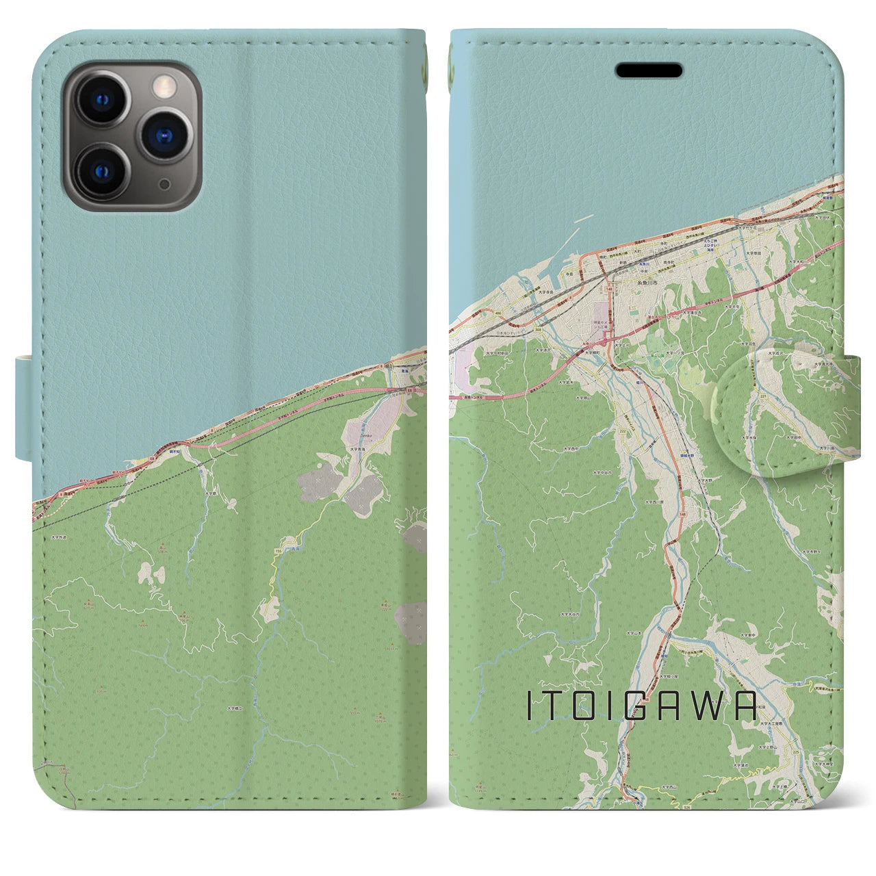 【糸魚川】地図柄iPhoneケース（手帳両面タイプ・ナチュラル）iPhone 11 Pro Max 用