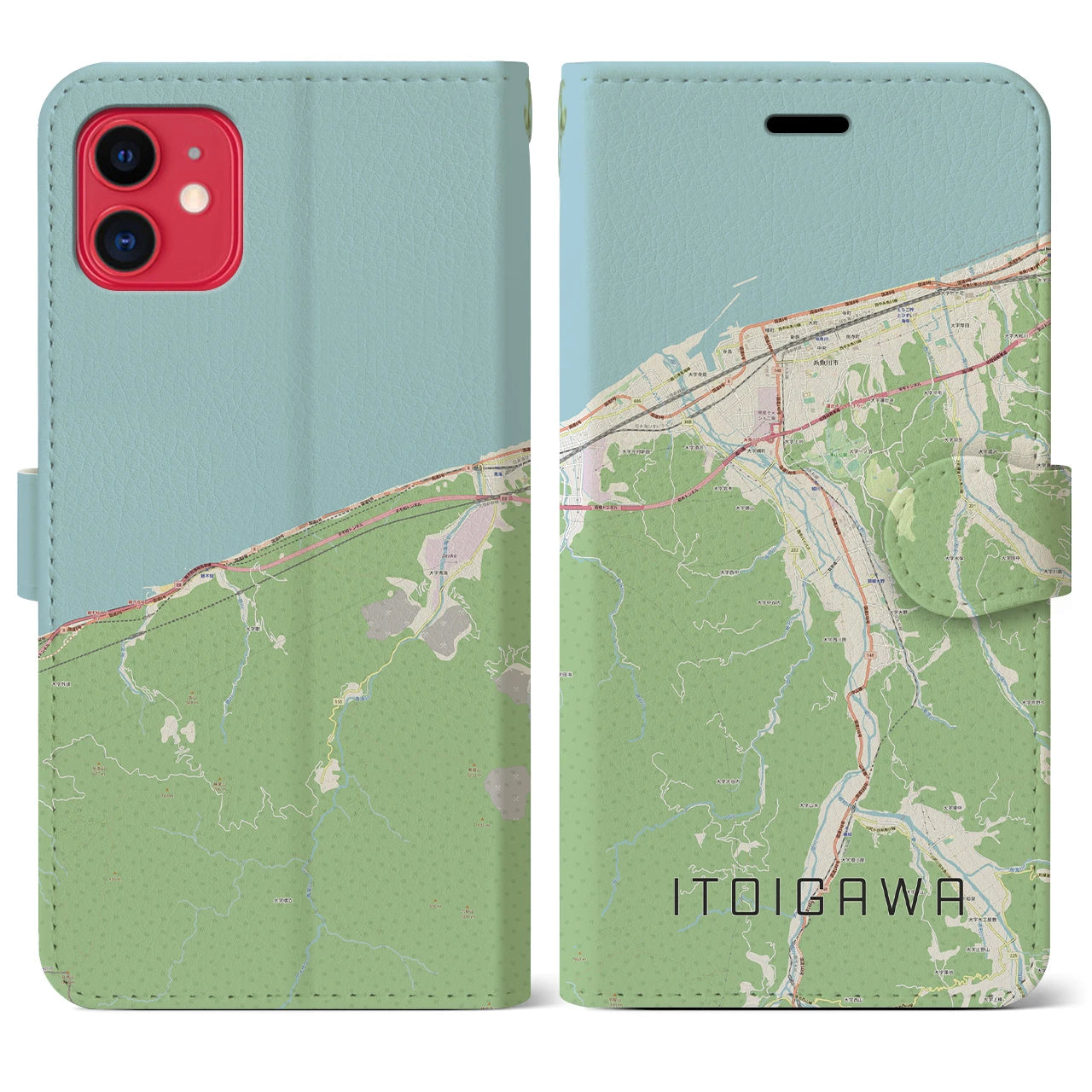 【糸魚川】地図柄iPhoneケース（手帳両面タイプ・ナチュラル）iPhone 11 用