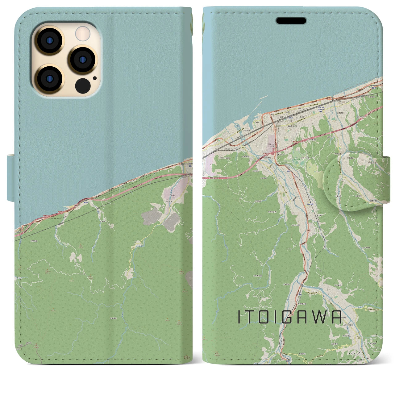 【糸魚川】地図柄iPhoneケース（手帳両面タイプ・ナチュラル）iPhone 12 Pro Max 用