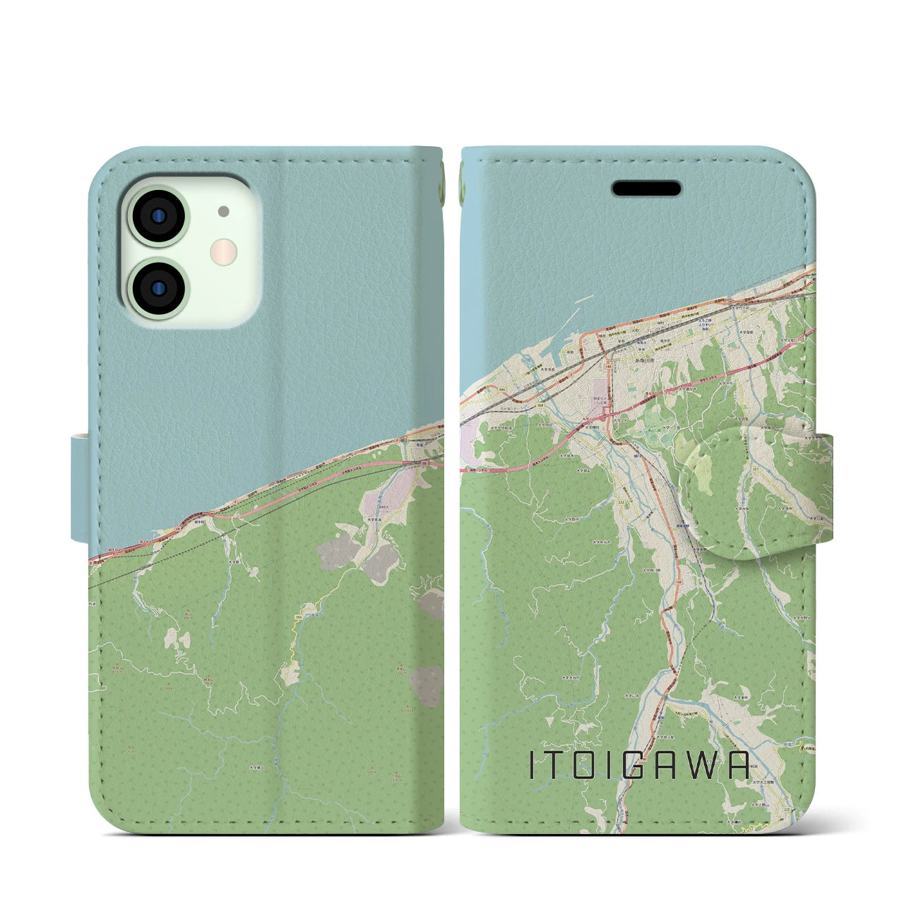 【糸魚川】地図柄iPhoneケース（手帳両面タイプ・ナチュラル）iPhone 12 mini 用