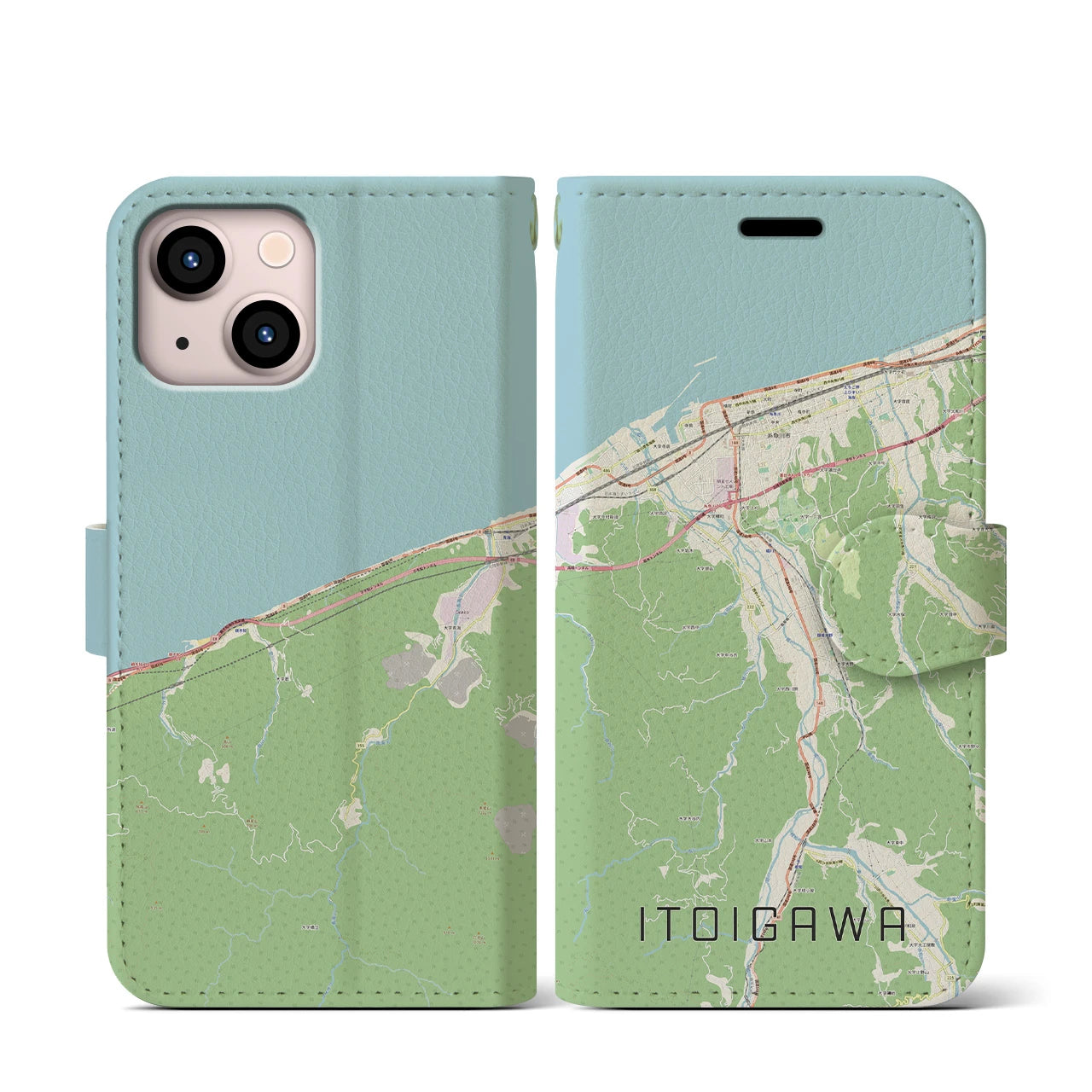 【糸魚川】地図柄iPhoneケース（手帳両面タイプ・ナチュラル）iPhone 13 mini 用