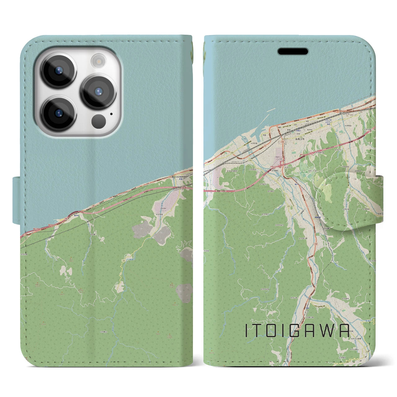 【糸魚川】地図柄iPhoneケース（手帳両面タイプ・ナチュラル）iPhone 14 Pro 用