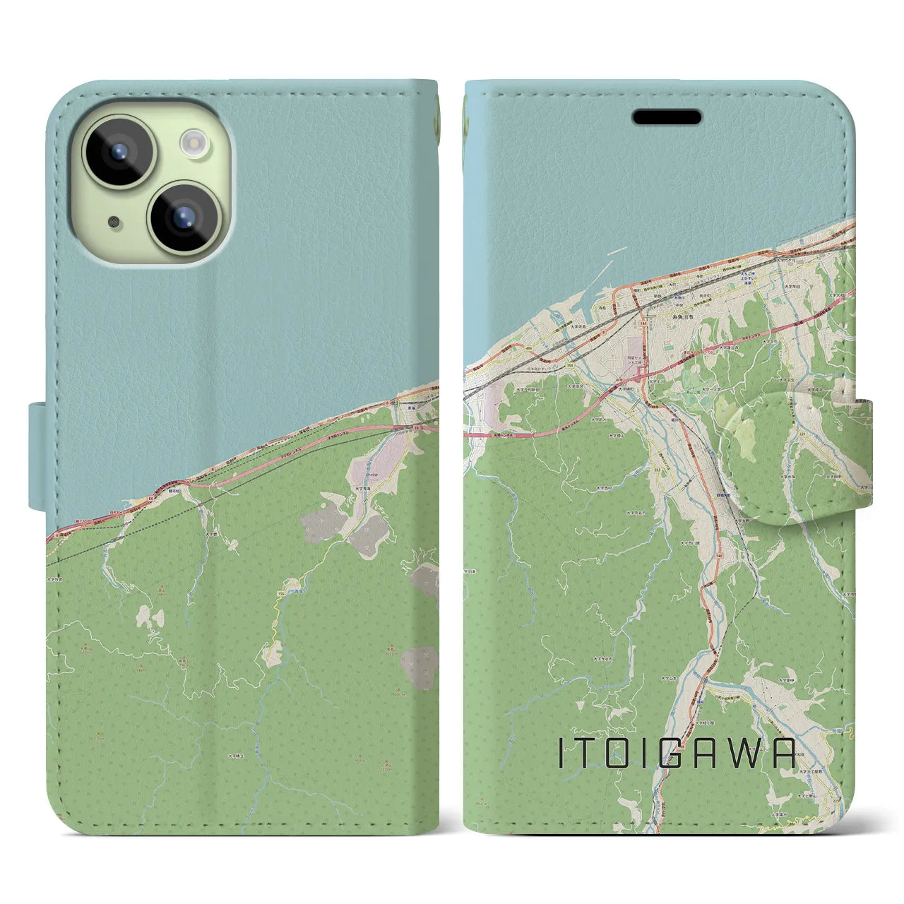 【糸魚川】地図柄iPhoneケース（手帳両面タイプ・ナチュラル）iPhone 15 用