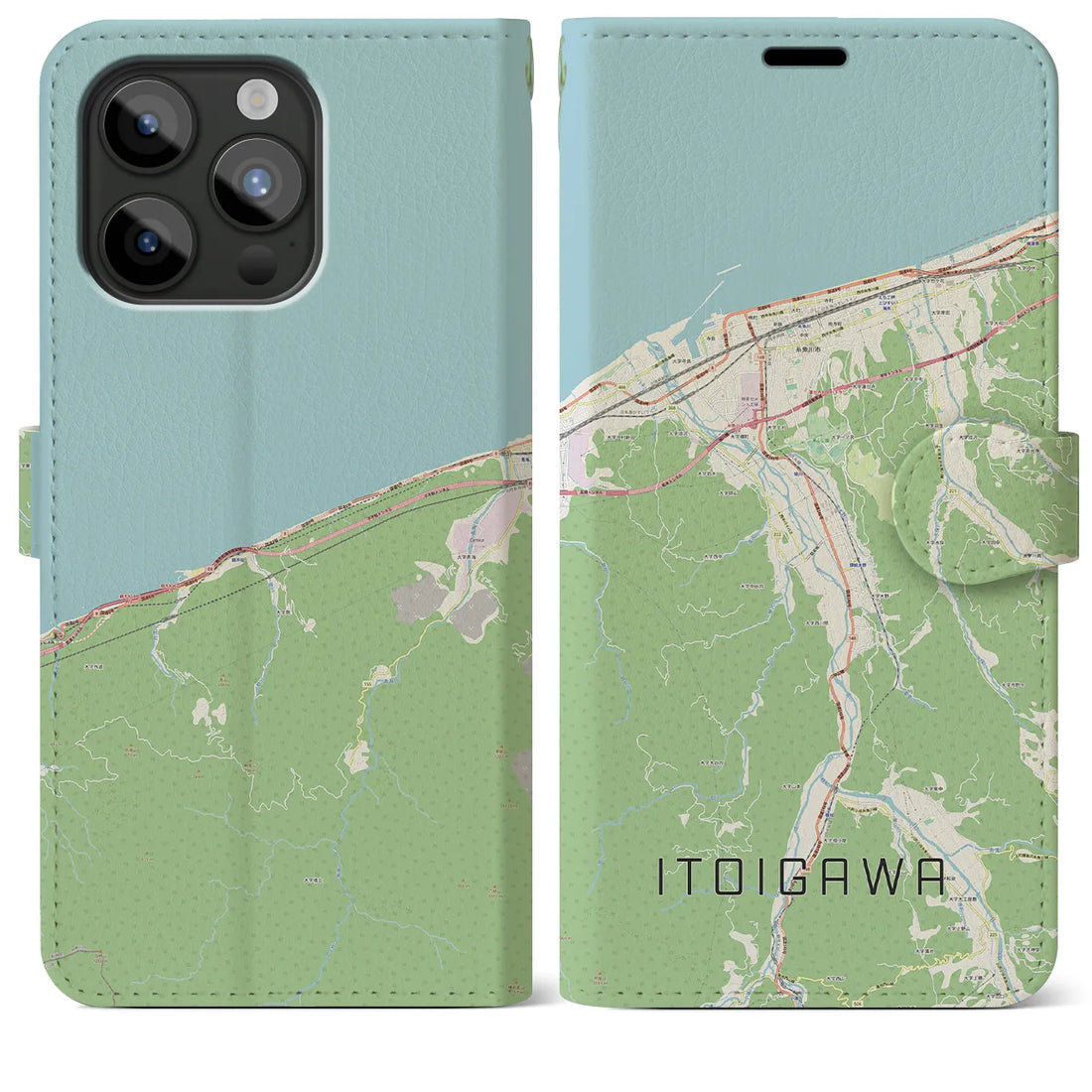 【糸魚川】地図柄iPhoneケース（手帳両面タイプ・ナチュラル）iPhone 15 Pro Max 用